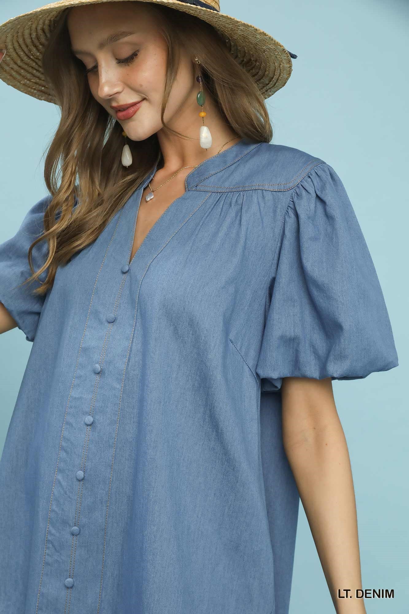 Umgee Chambray Puff Sleeve Dress - Image 6