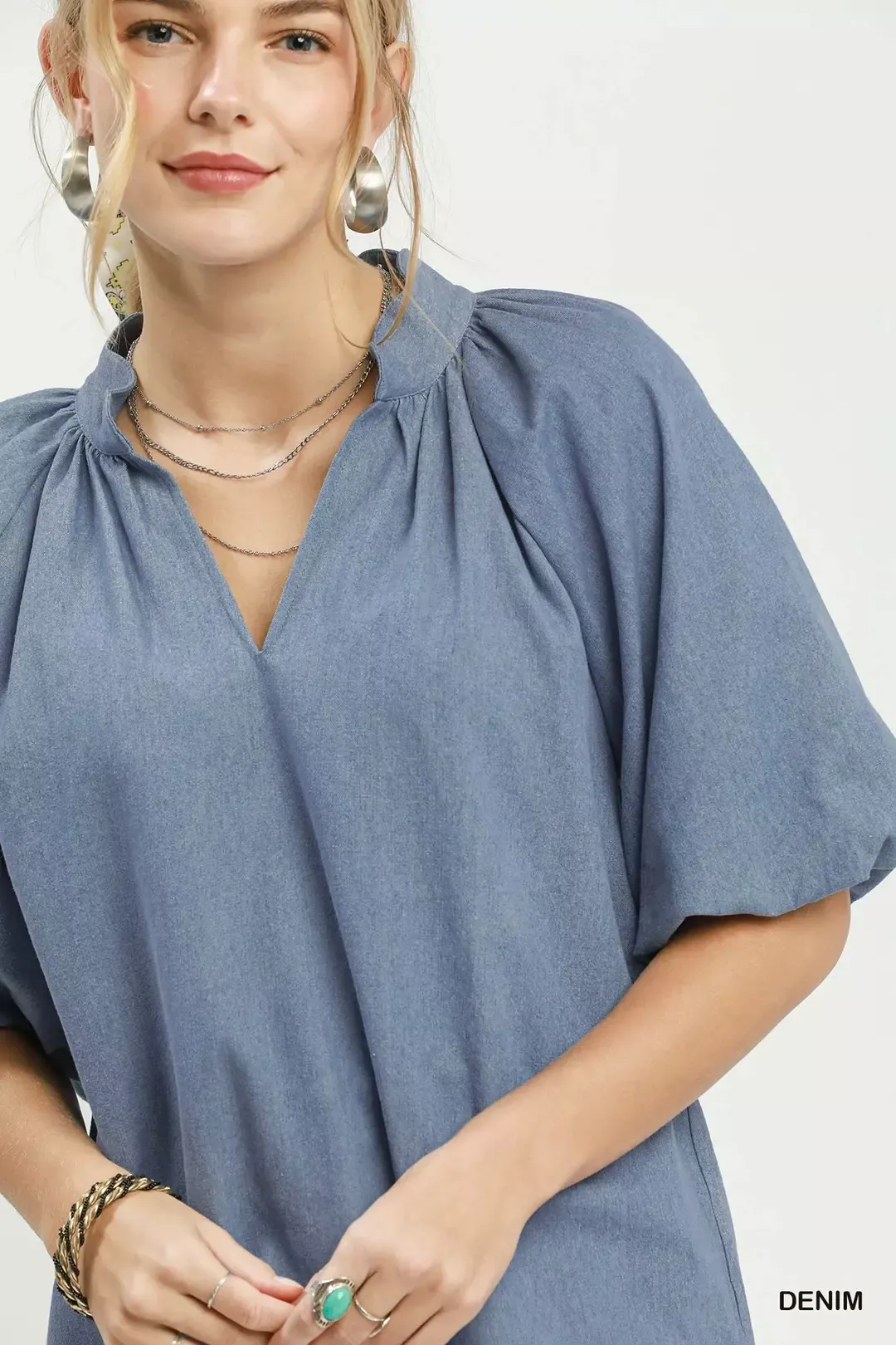 Umgee Chambray Scallop Hem Puff Sleeve Top - Image 4