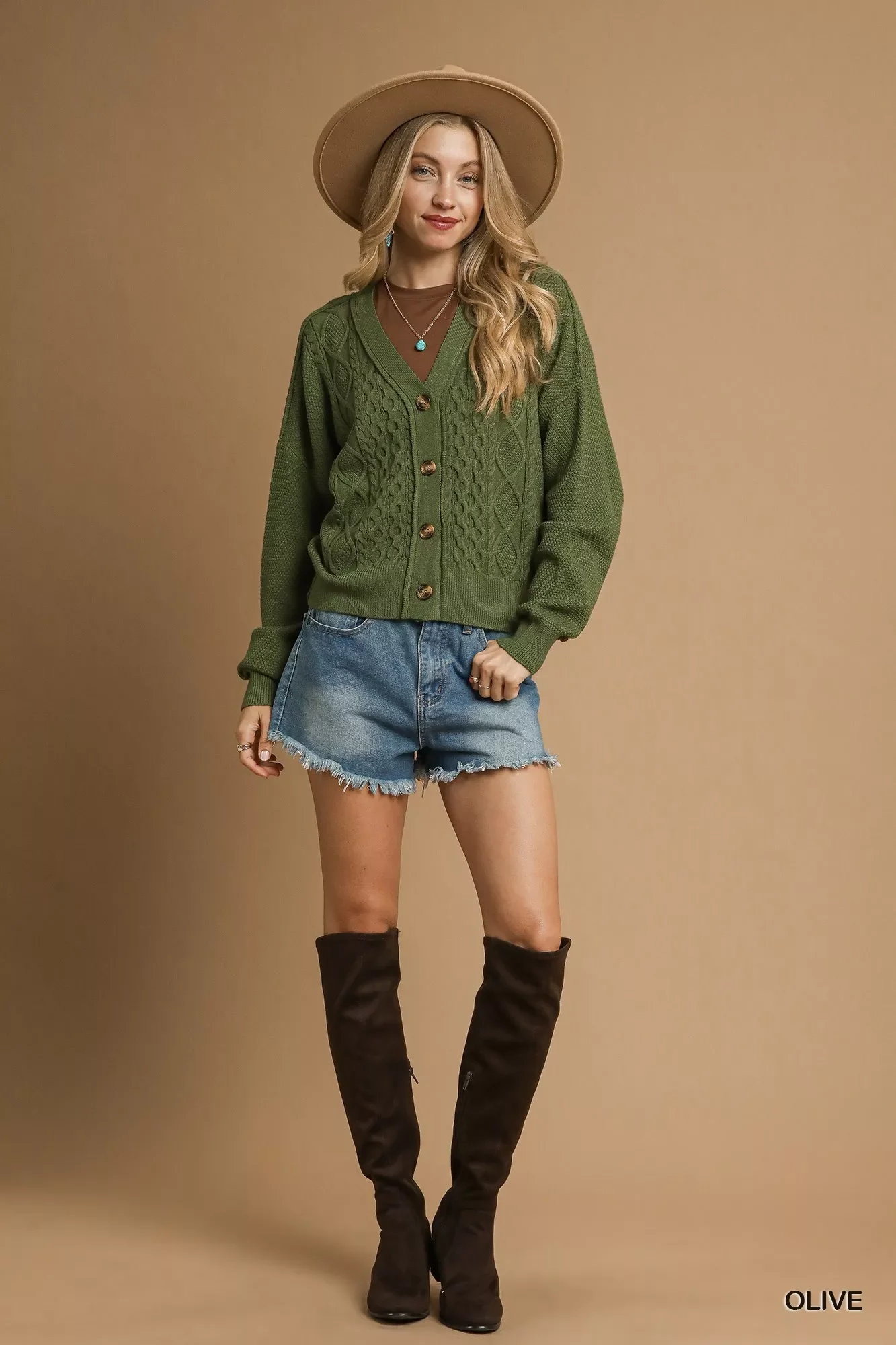 Umgee Chunky Cable Knit V-Neck Button-Up Cardigan - Image 4