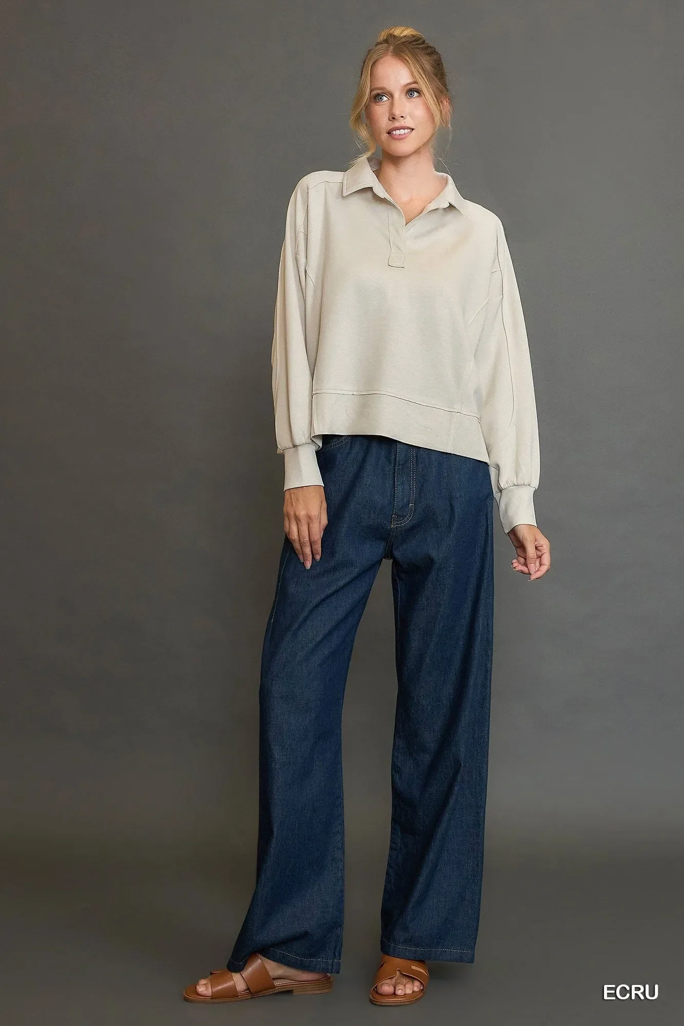 Umgee Collared Neck Long Sleeve Top with Raw Hem Detail - Image 4