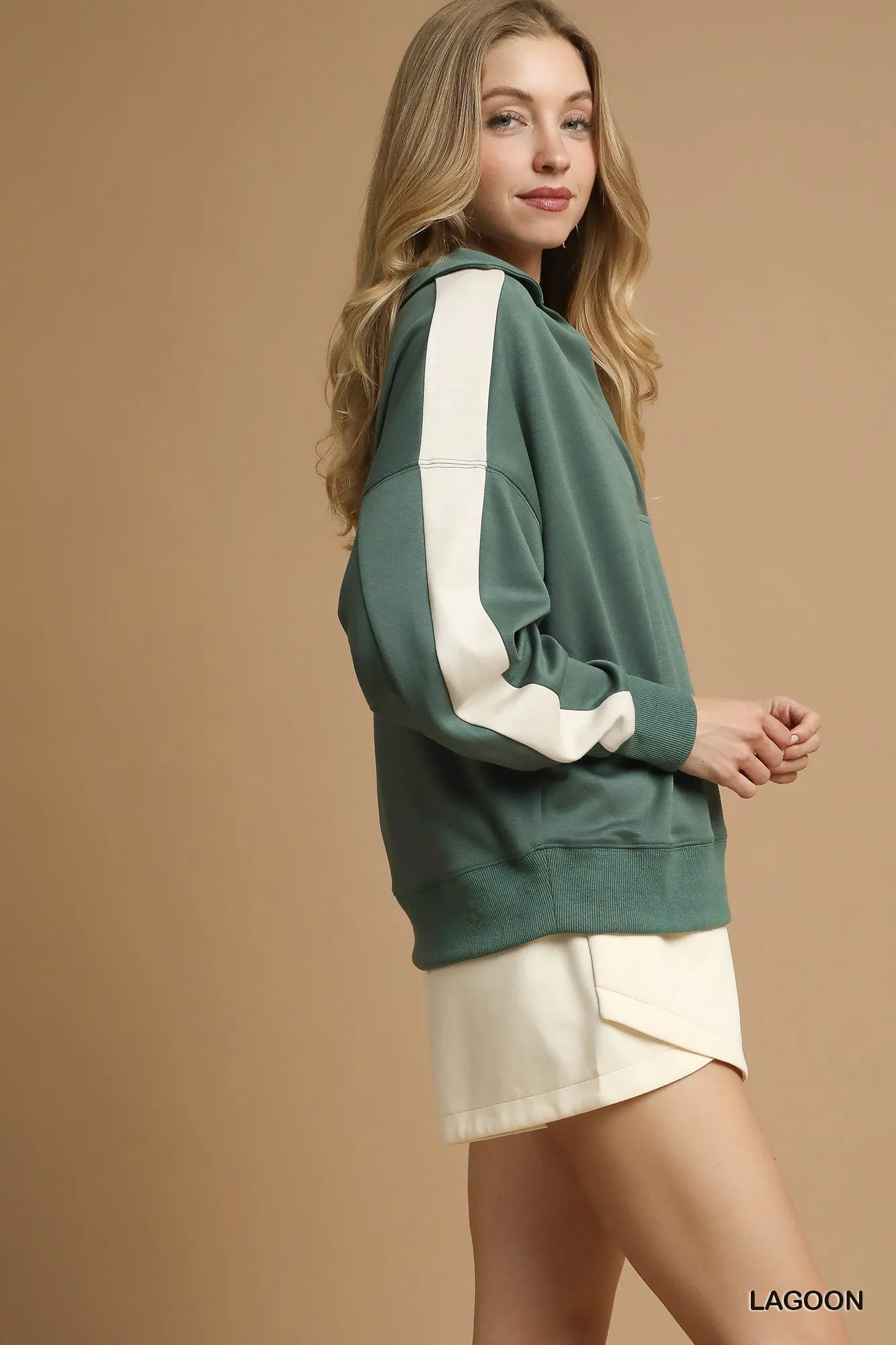 Umgee Contrast Long Sleeve Sweatshirt with Collar - Image 3