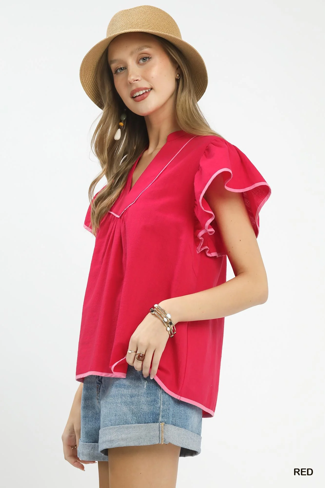 Umgee Contrast Trim Babydoll Blouse - Image 2