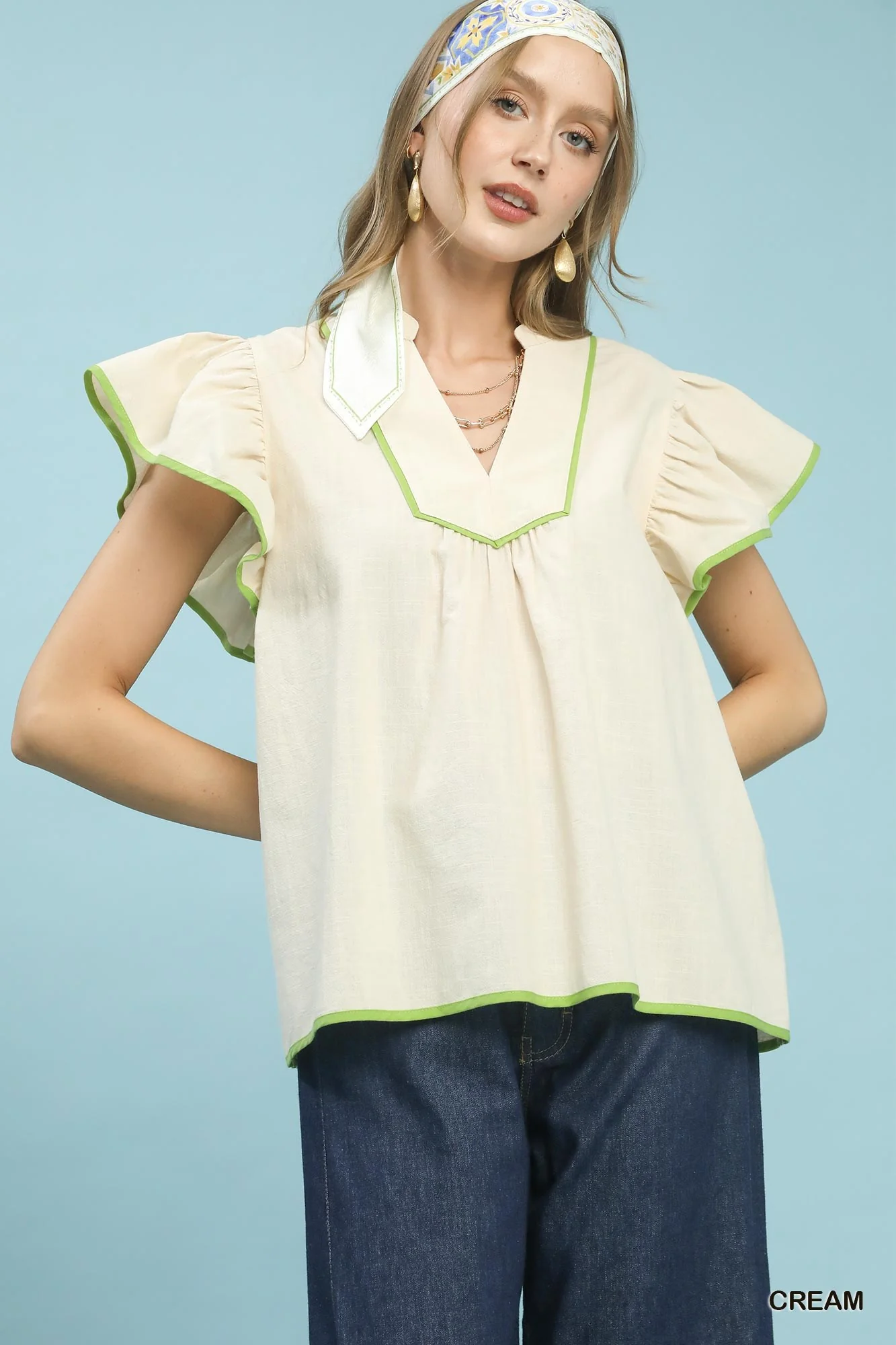 Umgee Contrast Trim Babydoll Blouse