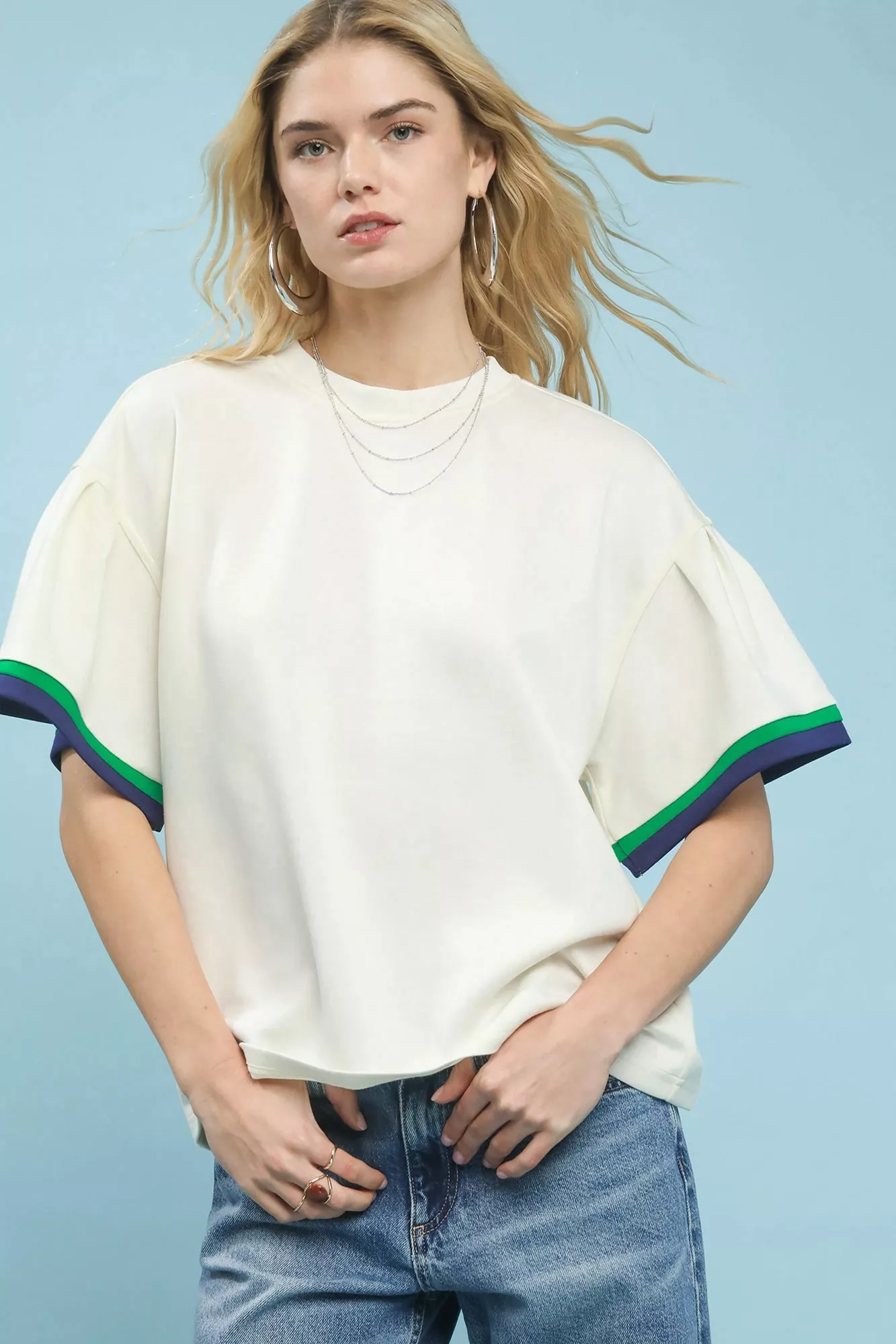 Umgee Contrast Trim Bell Sleeve Top