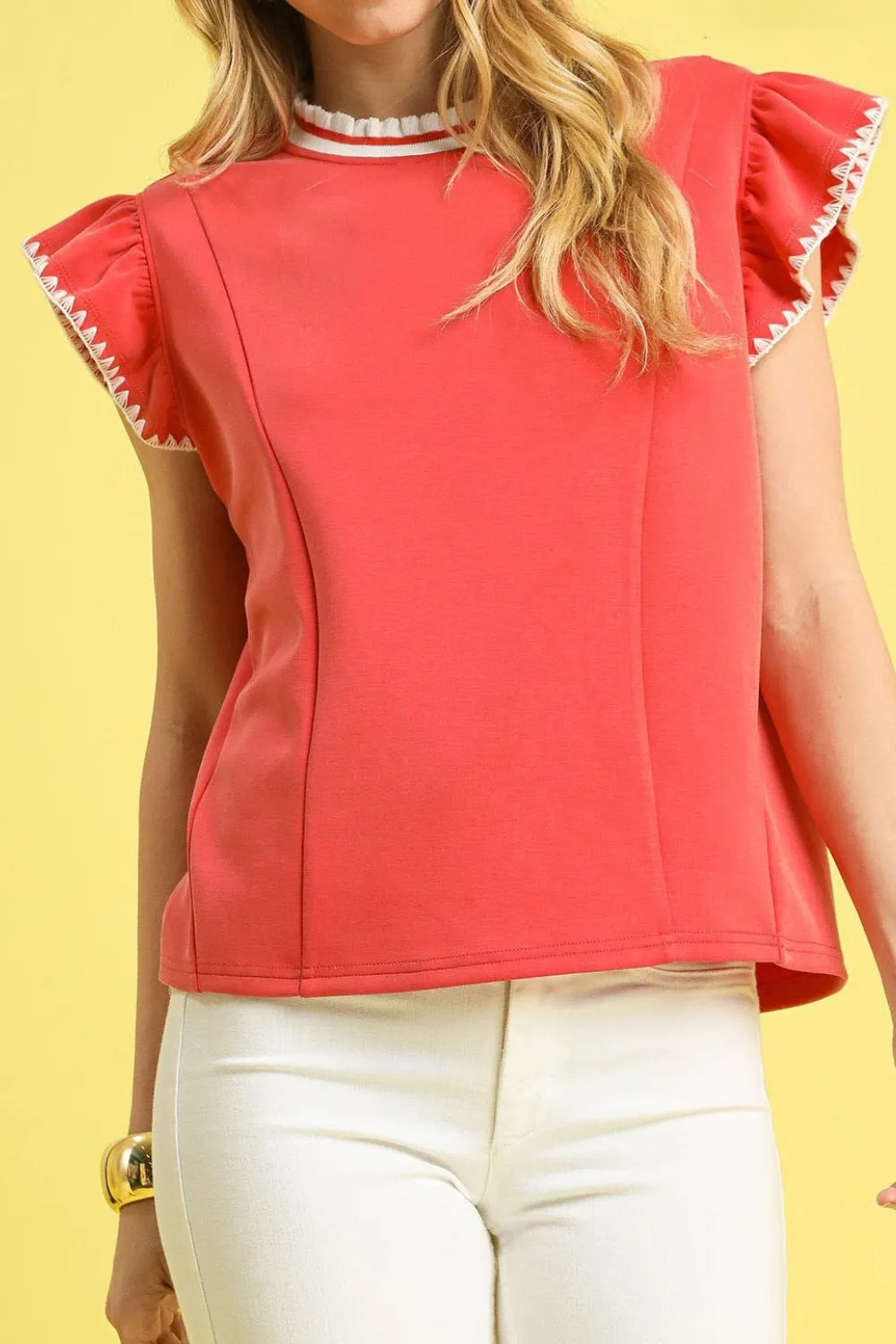 Umgee Contrast Trim Ruffle Cap Sleeve Blouse - Image 3