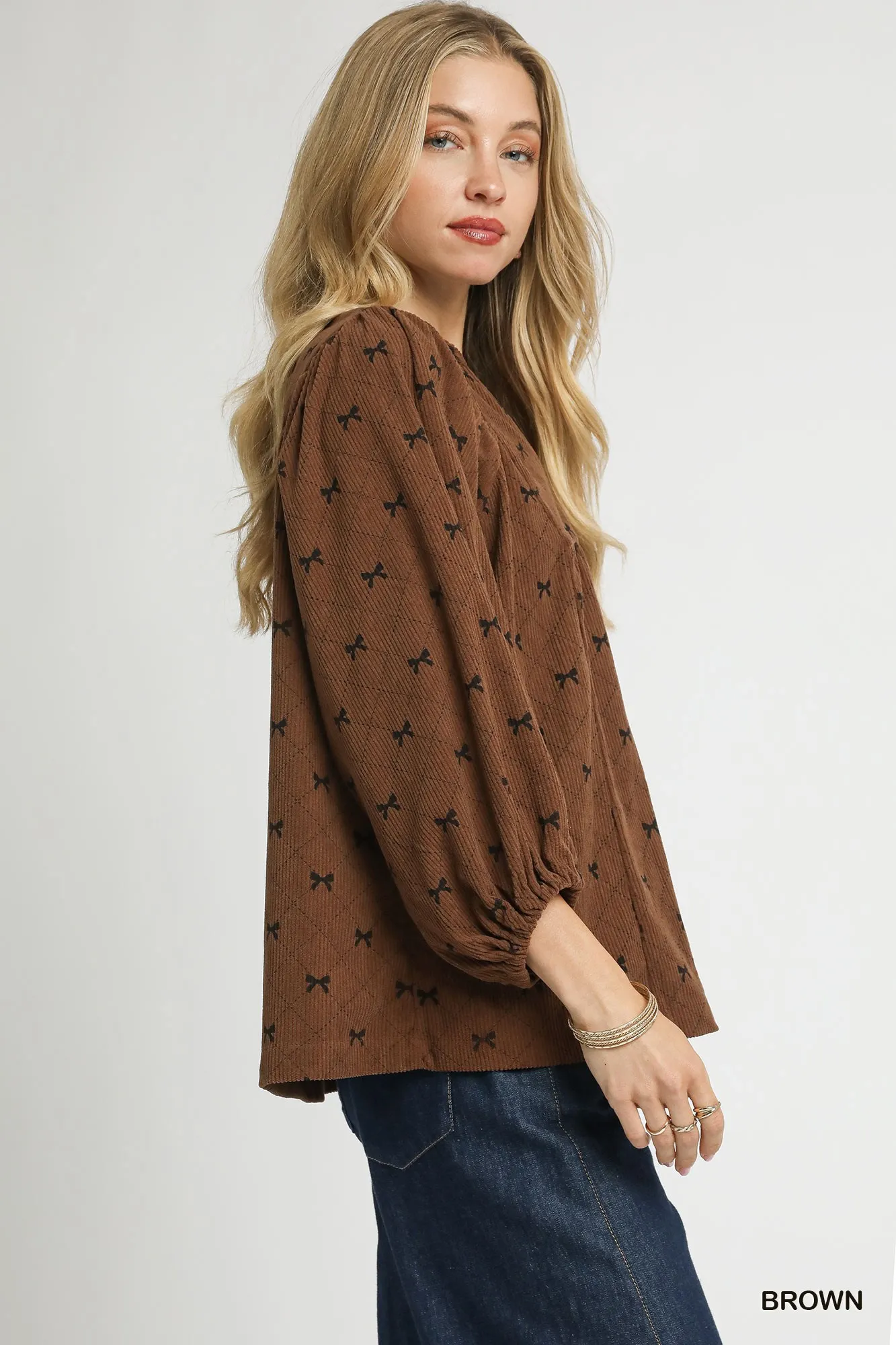 Umgee Corduroy Bow Print Balloon Sleeve Blouse - Image 2