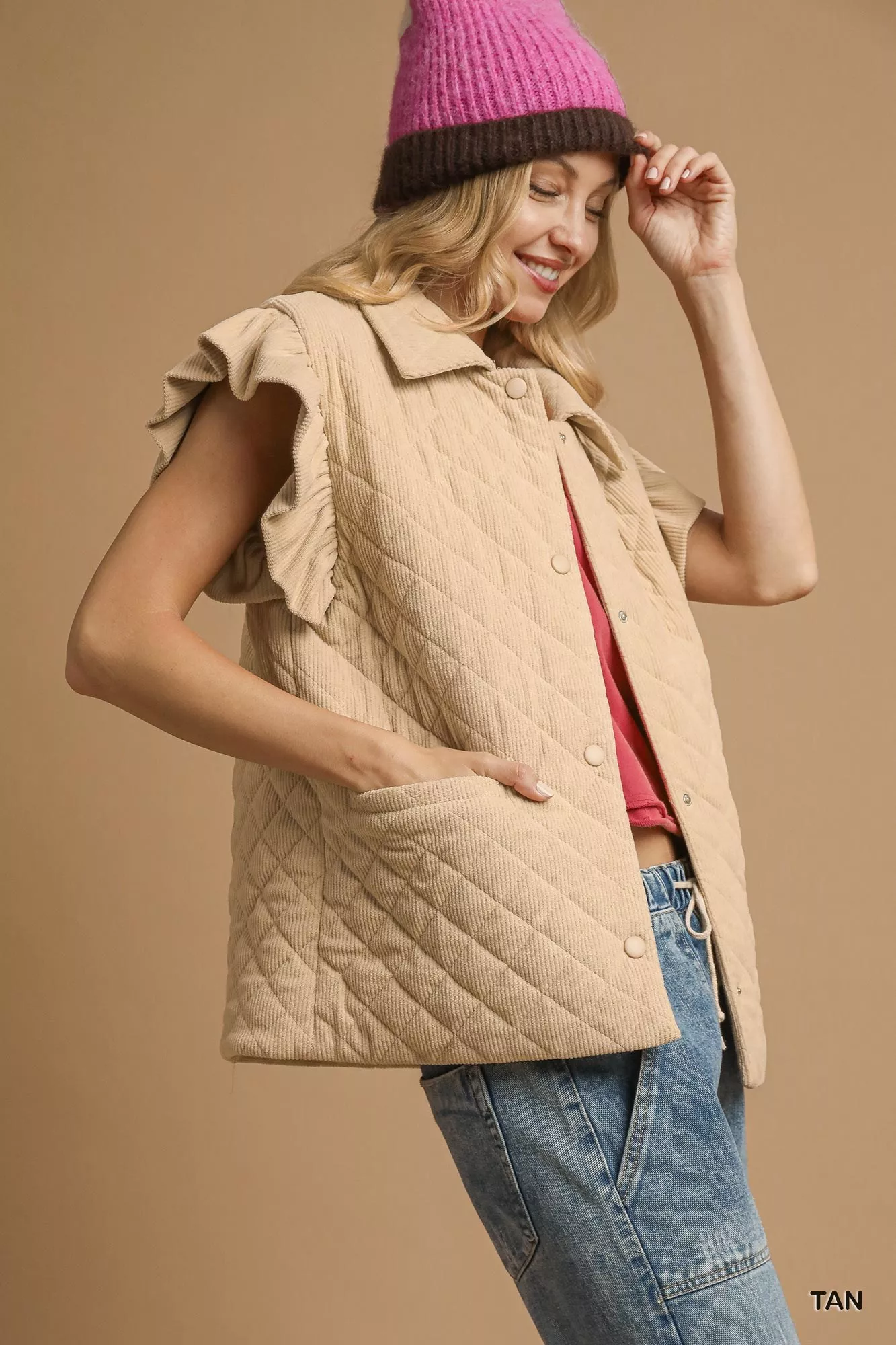 Umgee Corduroy Quilted Ruffle Sleeve Vest - Image 3