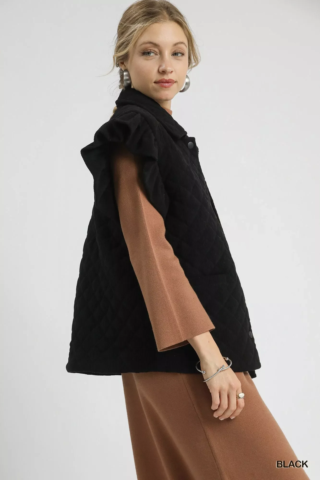 Umgee Corduroy Quilted Ruffle Sleeve Vest - Image 2