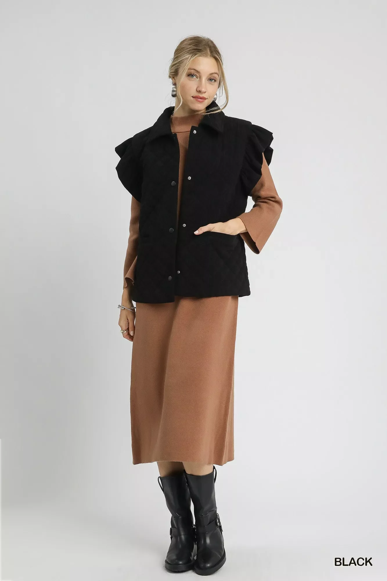 Umgee Corduroy Quilted Ruffle Sleeve Vest - Image 5