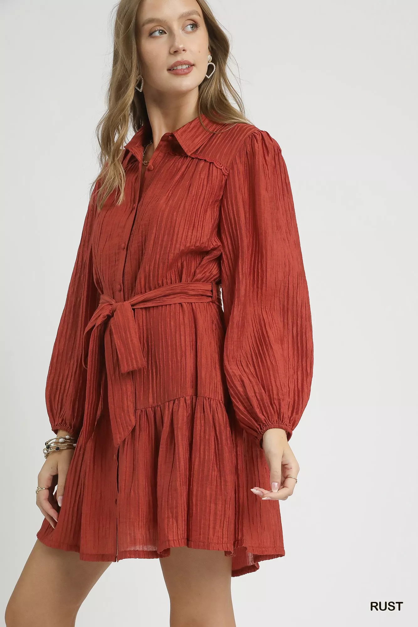 Umgee Crinkle Button-Front Tiered Mini Dress with Waist Tie - Image 2