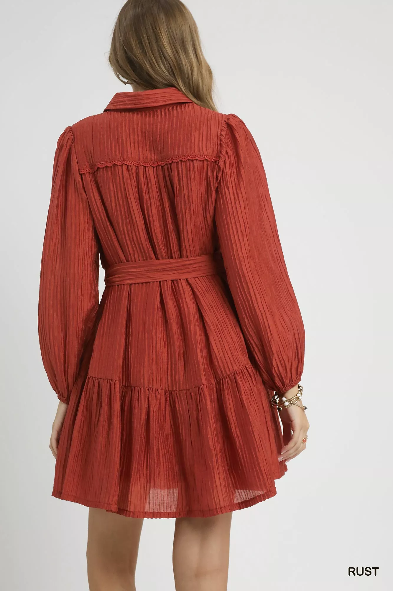 Umgee Crinkle Button-Front Tiered Mini Dress with Waist Tie - Image 3
