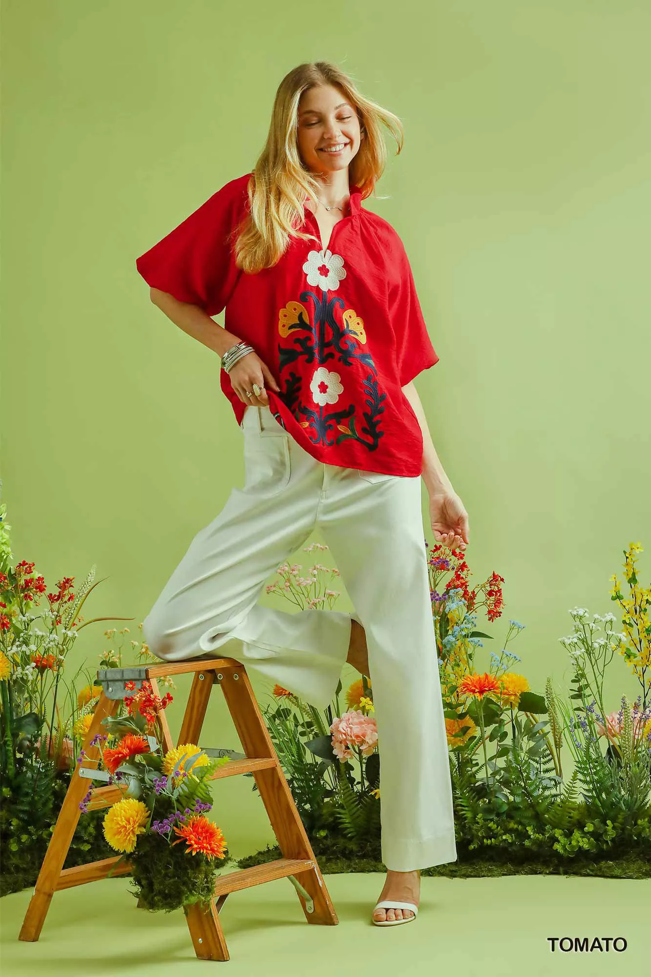 Umgee Embroidered Boho Puff Sleeve Blouse - Image 2