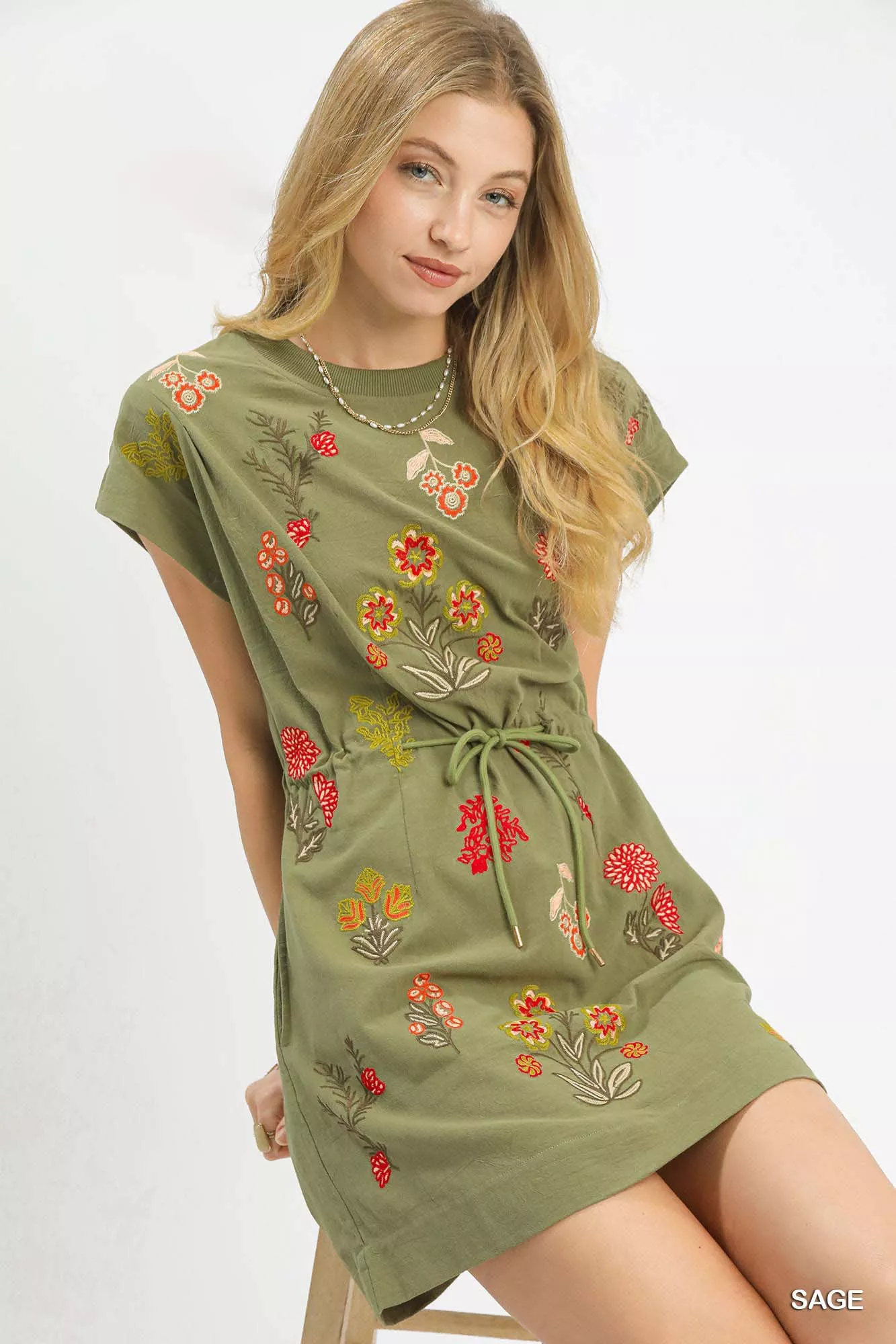 Umgee Embroidered Floral Mini Dress with Waist Tie - Image 2