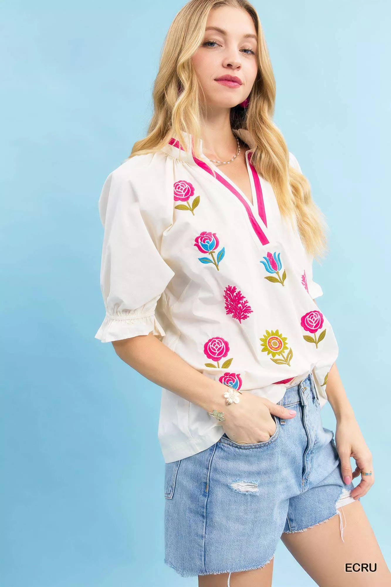 Umgee Embroidered Floral Top with Contrast Trim - Image 2