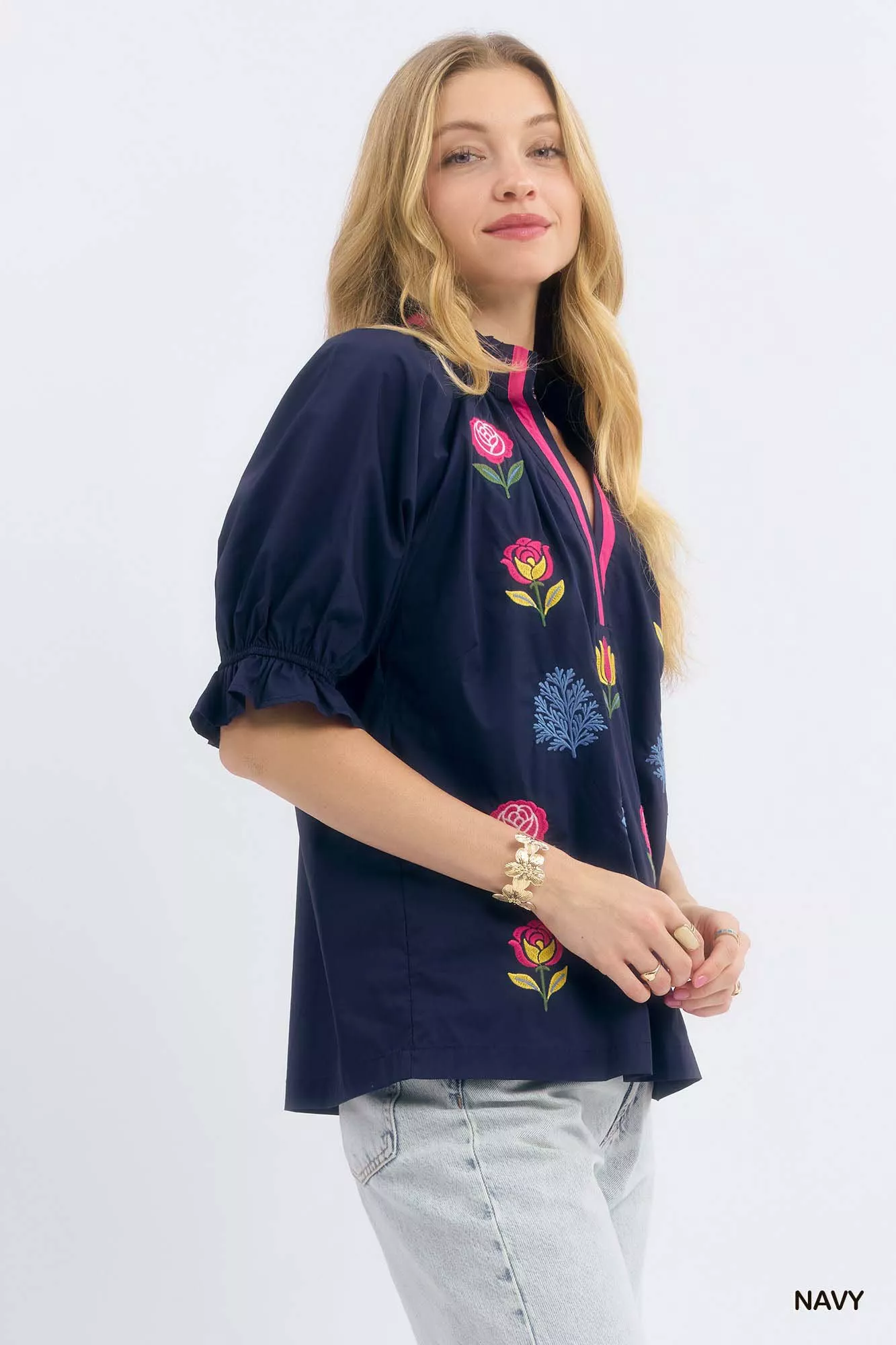 Umgee Embroidered Floral Top with Contrast Trim - Image 2