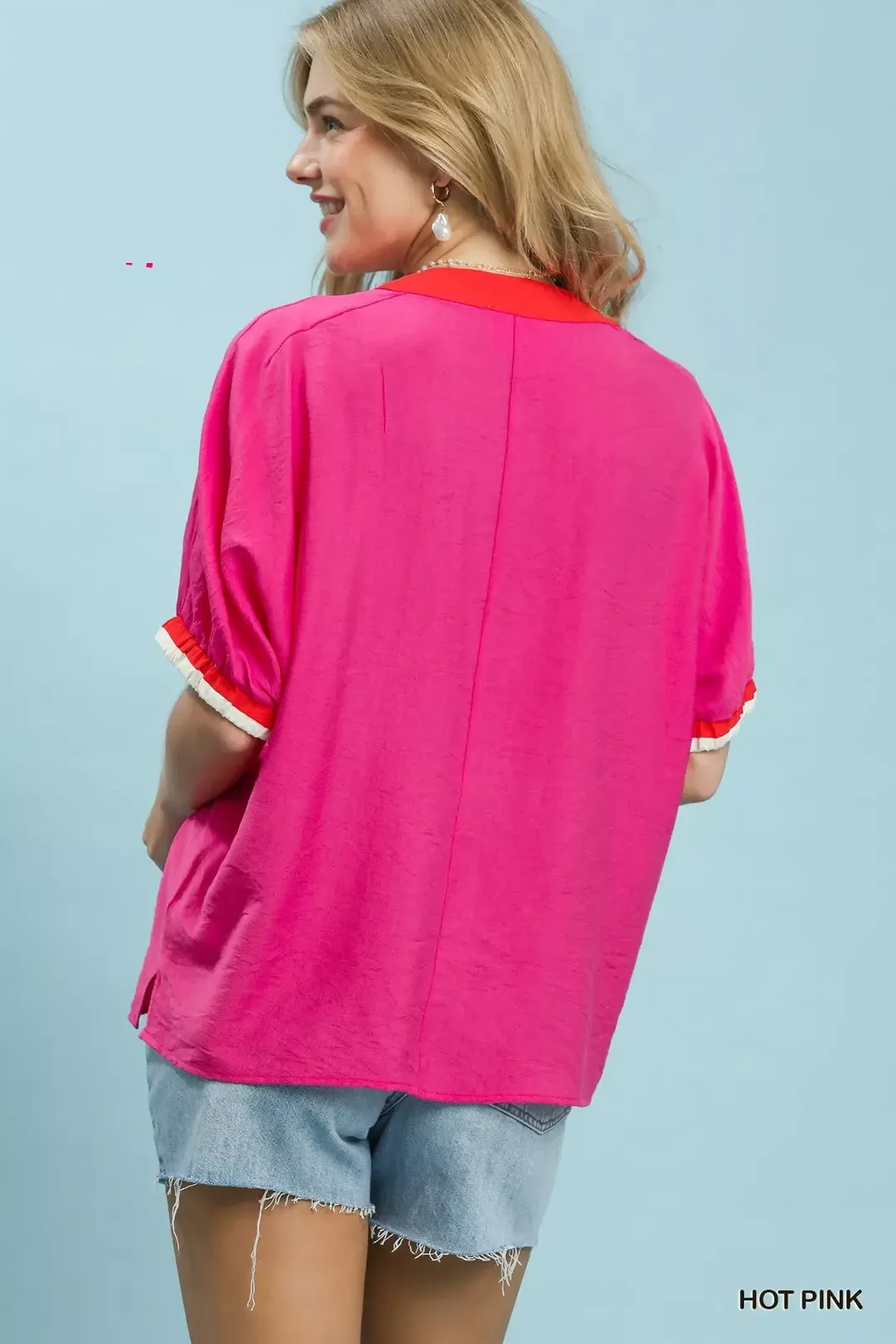 Umgee Embroidered Floral V-Neck Short Sleeve Blouse with Contrast Trim - Image 4
