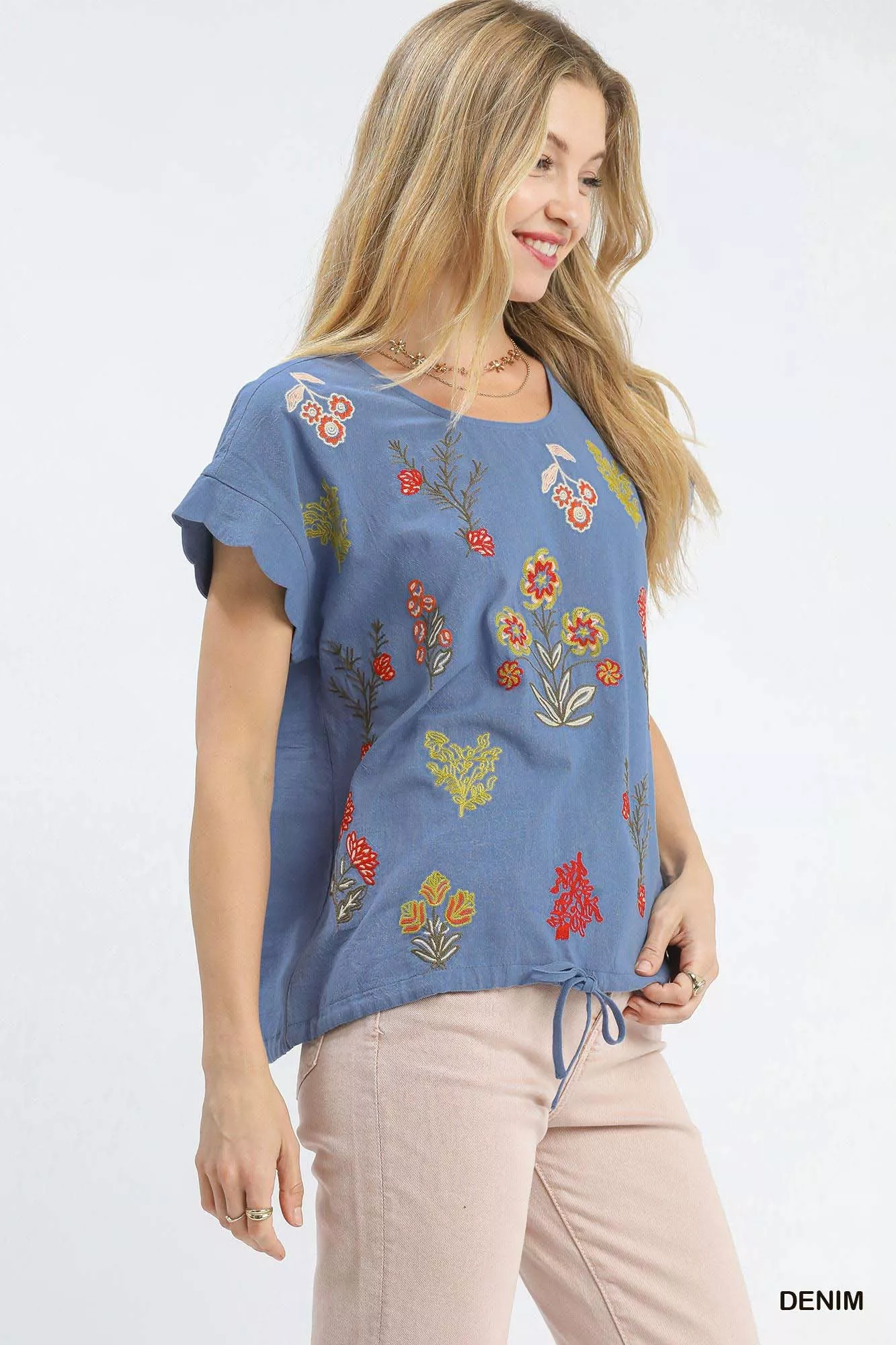 Umgee Embroidered Scallop Sleeve Top with Drawstring Hem - Image 2
