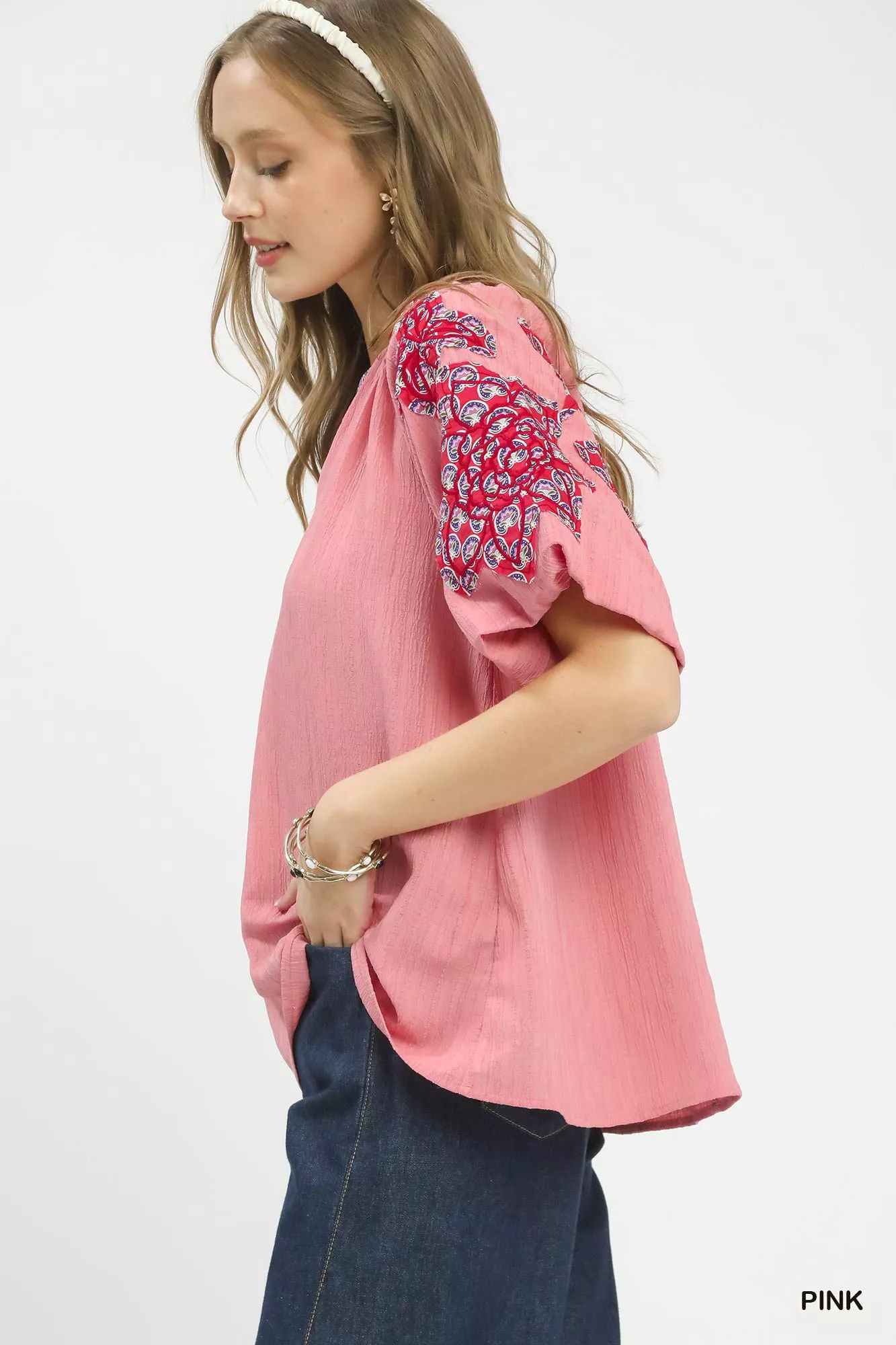 Umgee Embroidered Sleeve Contrast Trim Top - Image 2