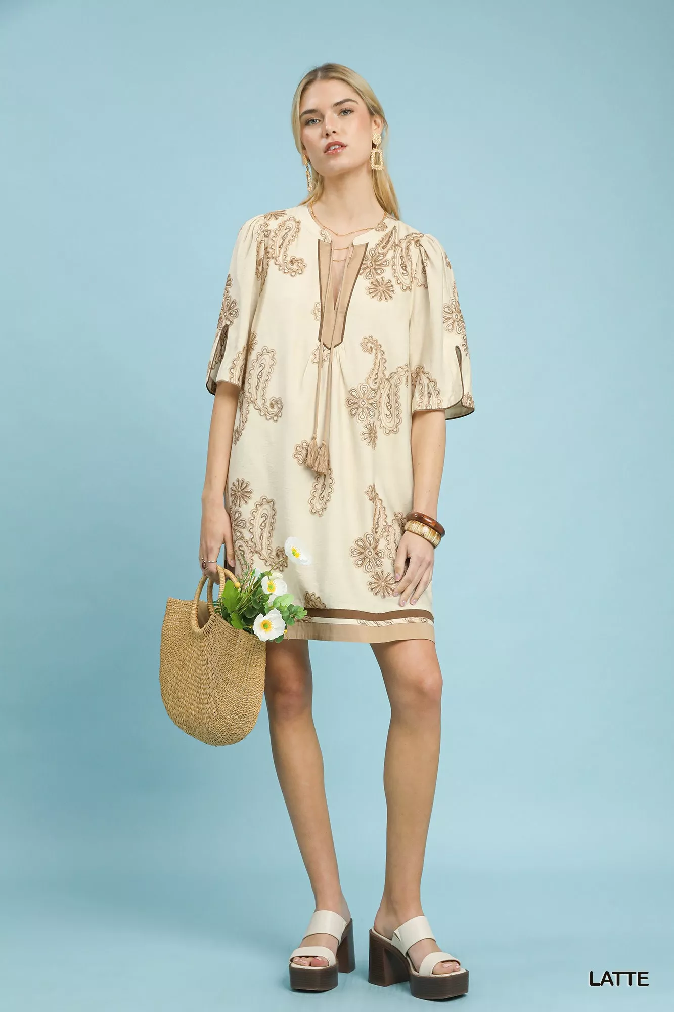 Umgee Embroidered Split Neck Shift Dress - Image 5