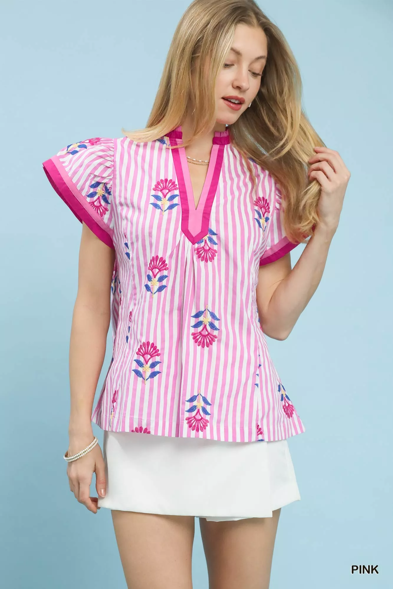 Umgee Embroidered Striped Flutter Sleeve Top