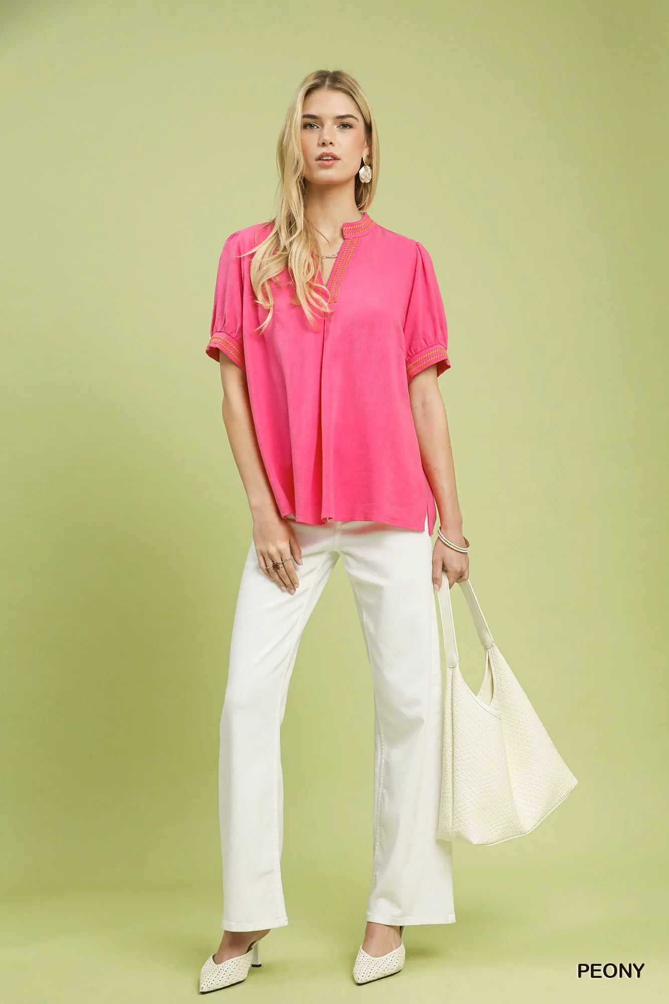 Umgee Embroidery Linen Puff Sleeve Blouse - Image 5
