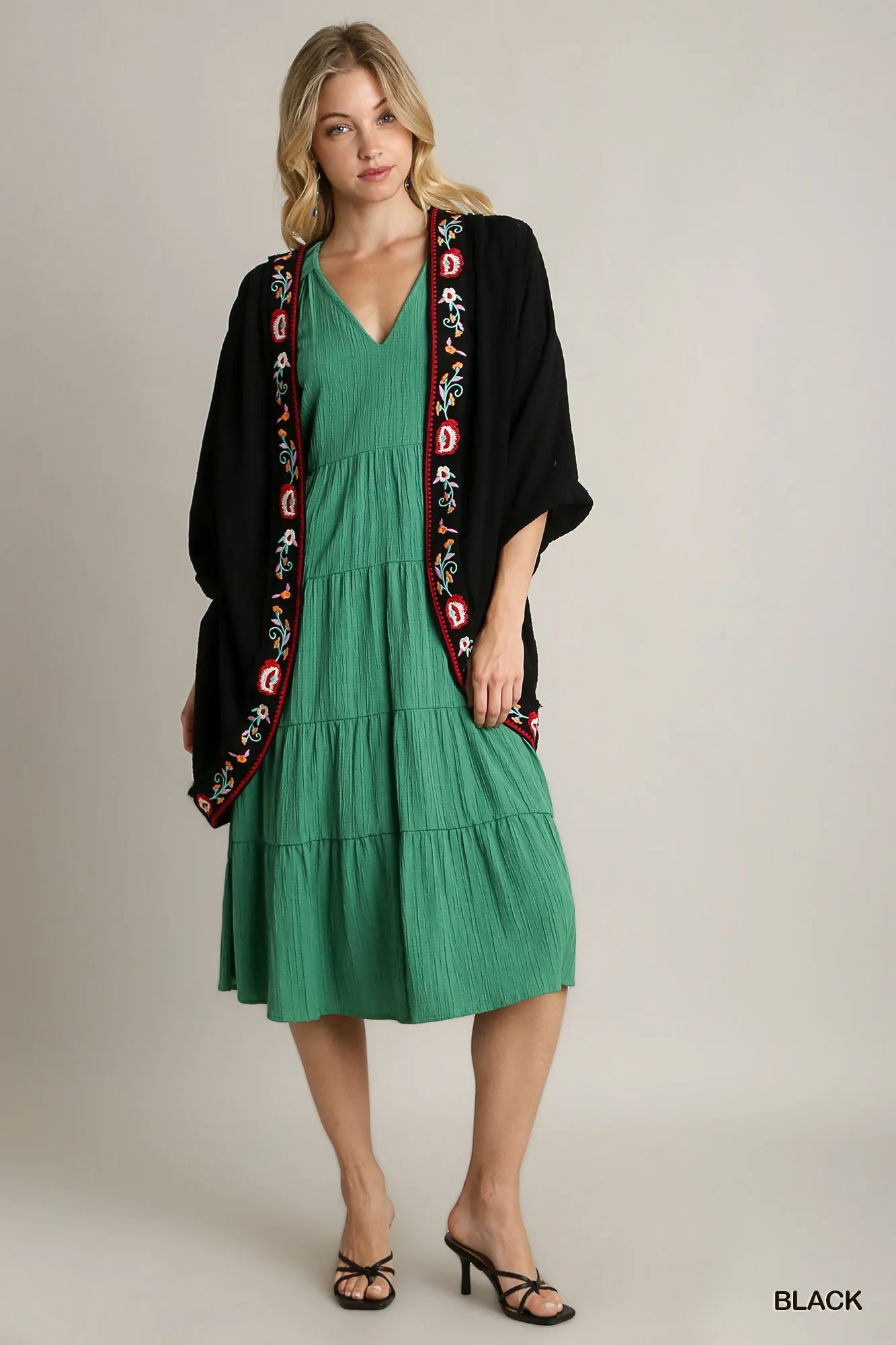 Umgee Embroidery Open Front Kimono with Pleated Shoulder Detail - Image 5