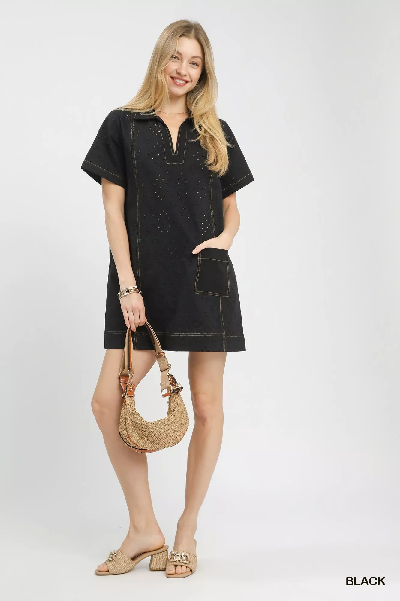 Umgee Eyelet Short Sleeve Shift Dress with Pocket - Image 2