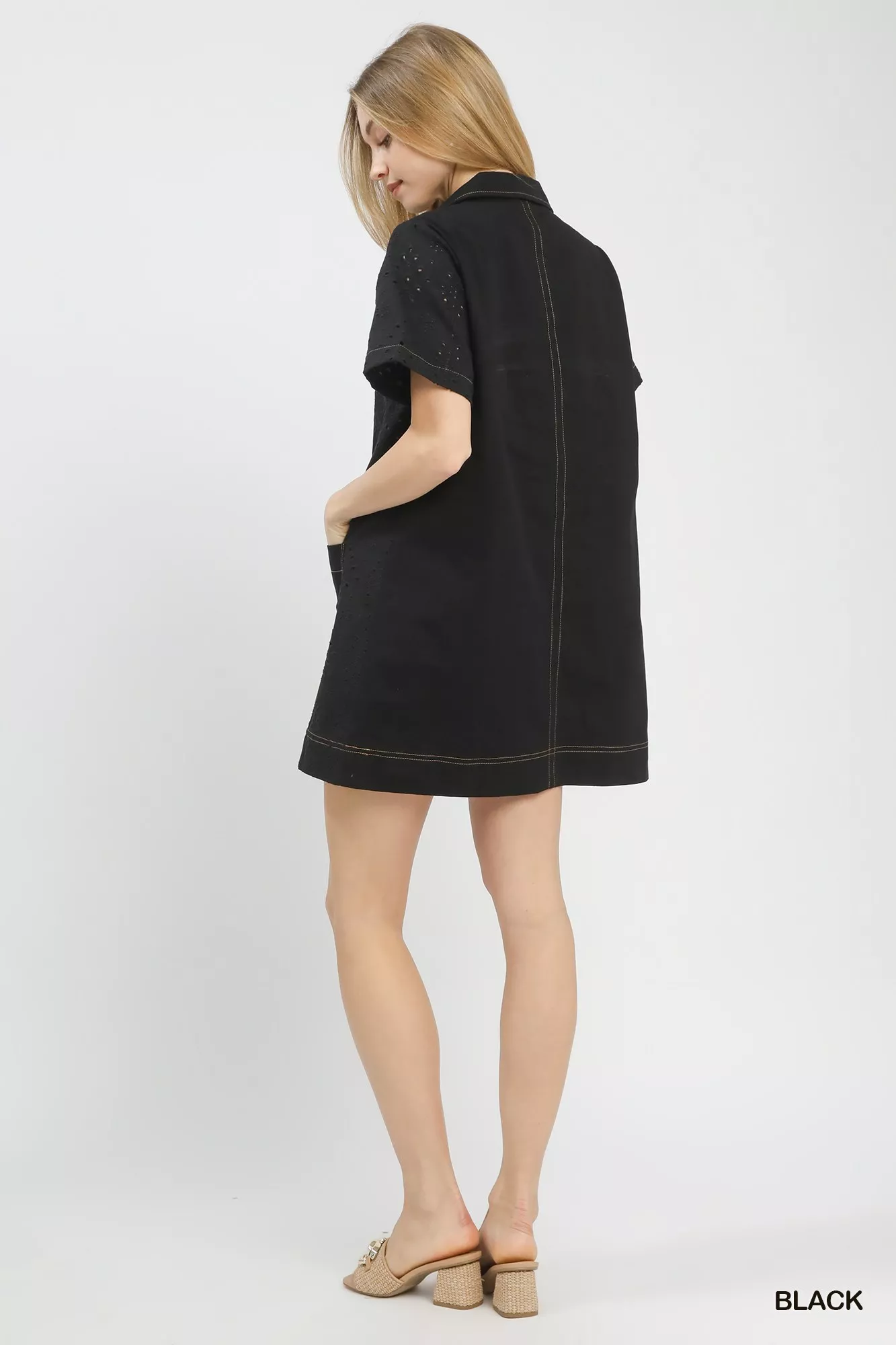 Umgee Eyelet Short Sleeve Shift Dress with Pocket - Image 4