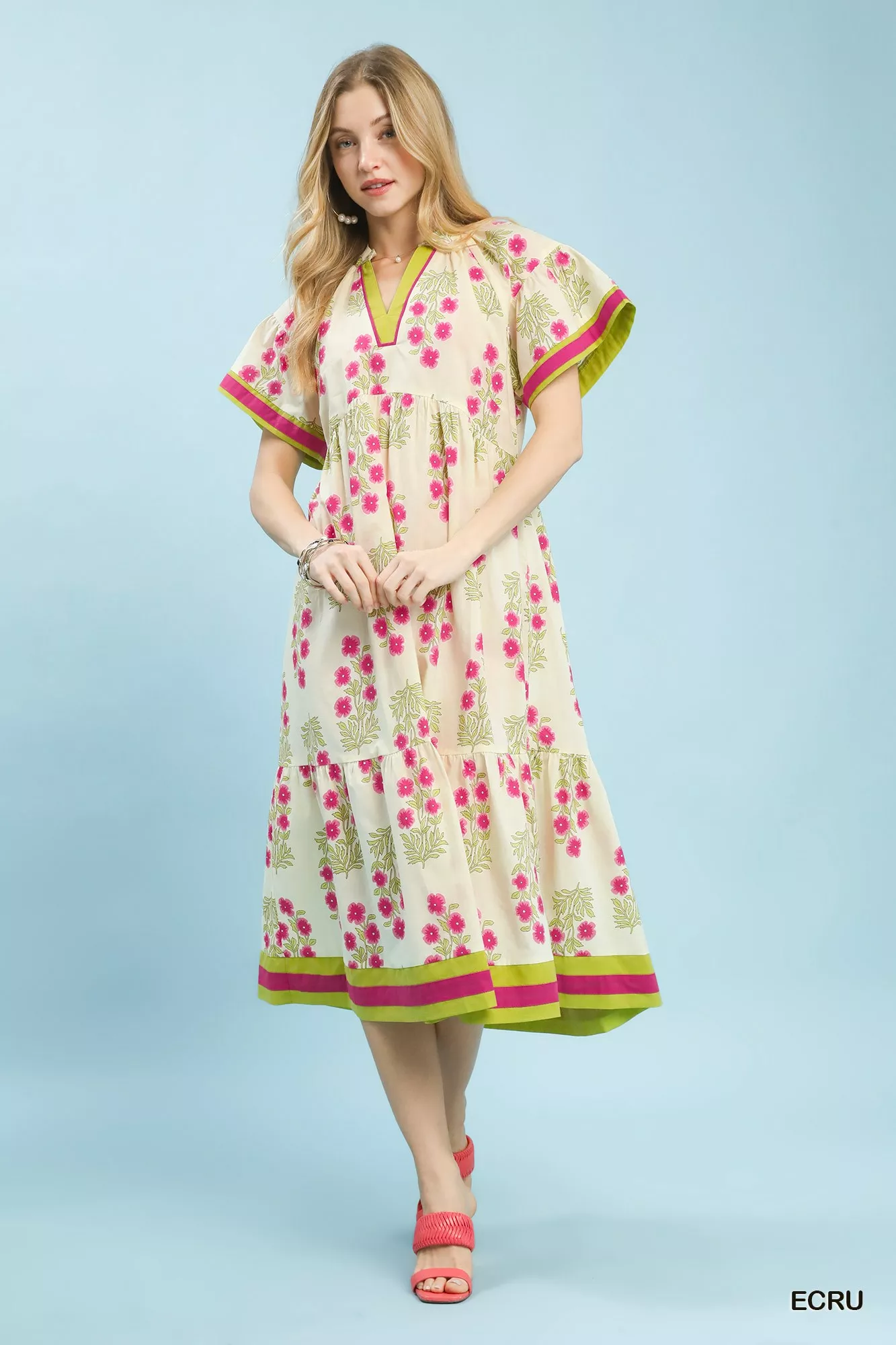 Umgee Floral Border Tiered Midi Dress - Image 2