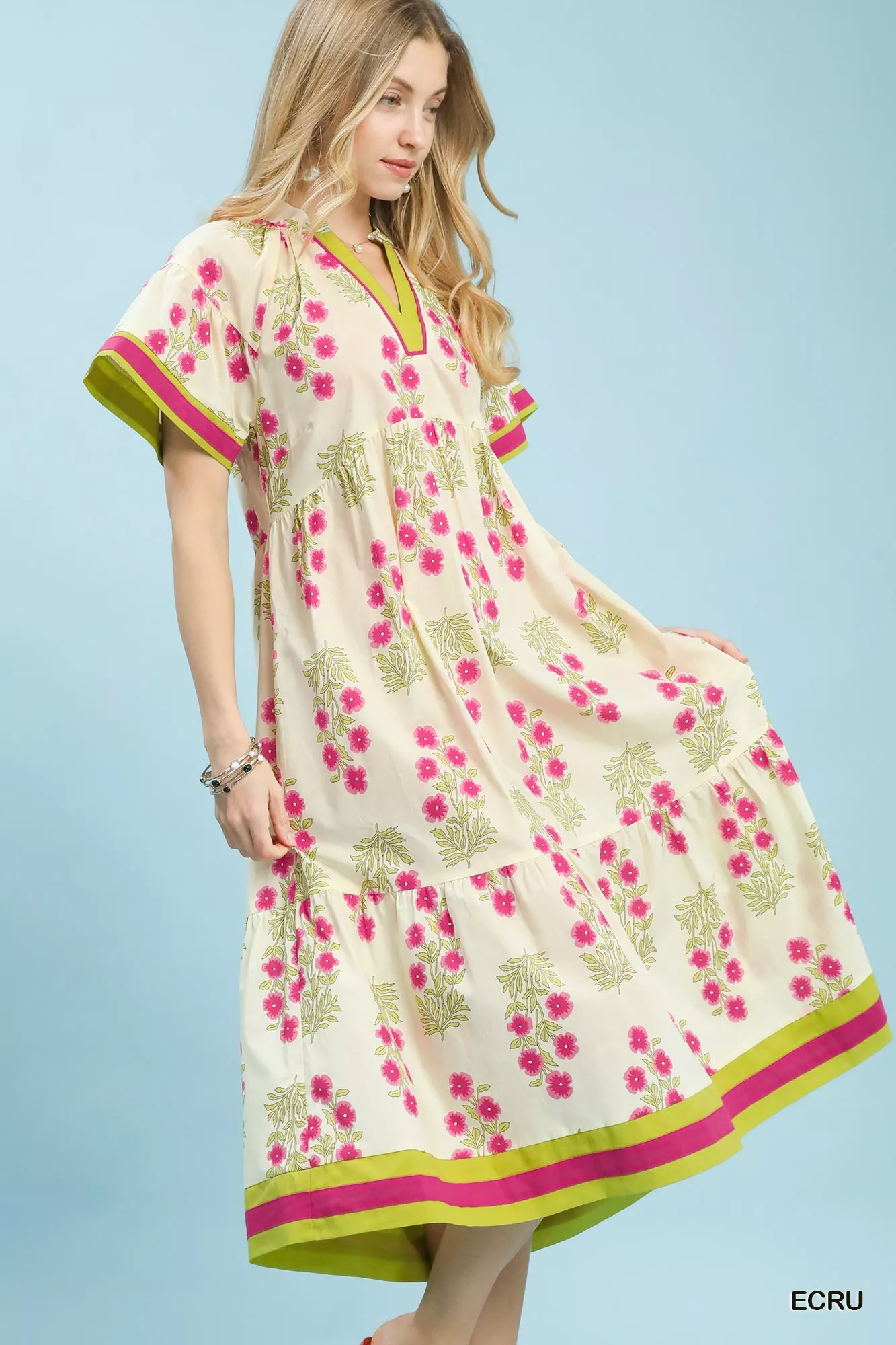 Umgee Floral Border Tiered Midi Dress - Image 3
