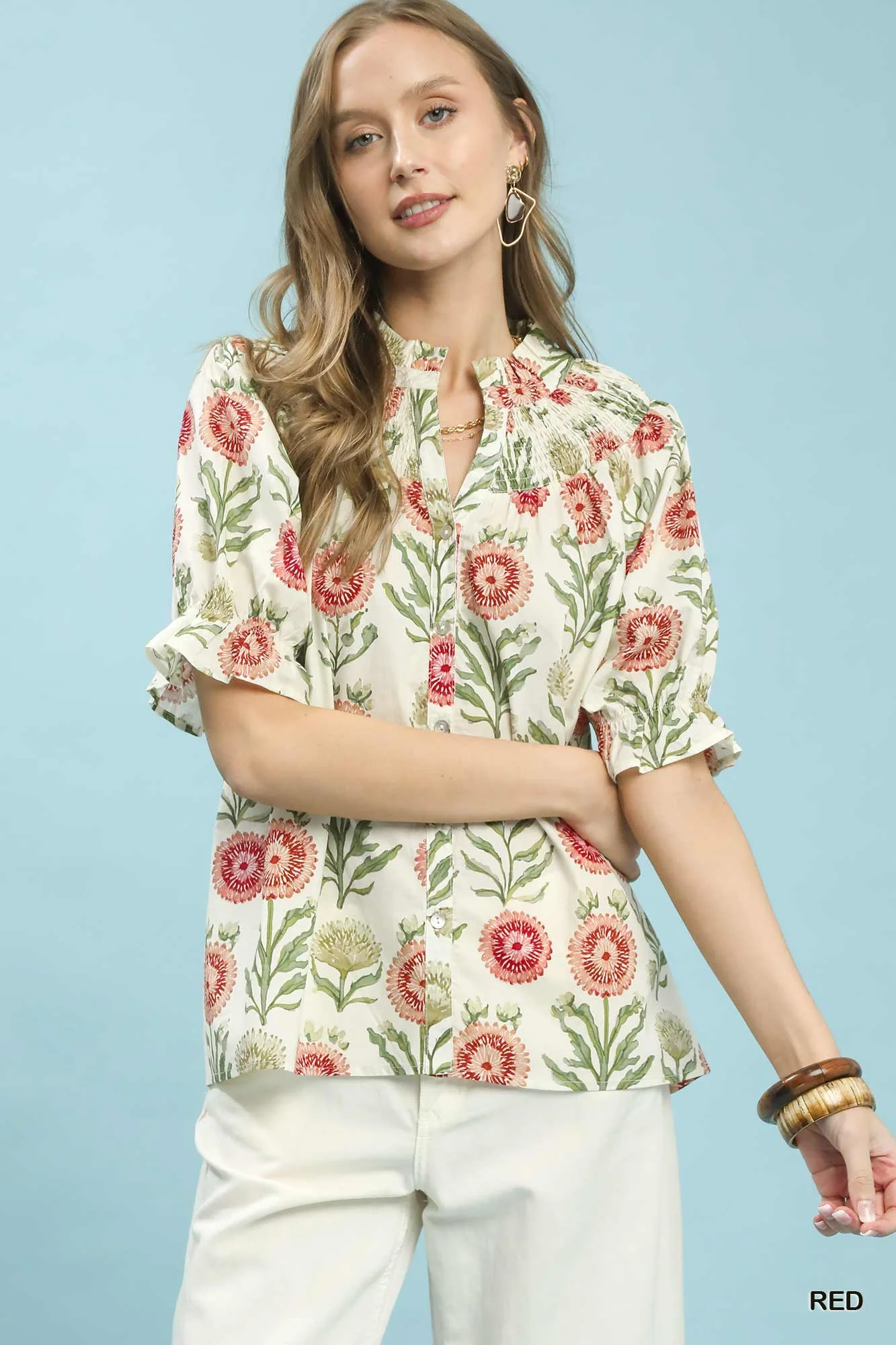Umgee Floral Button-Front Short Sleeve Top