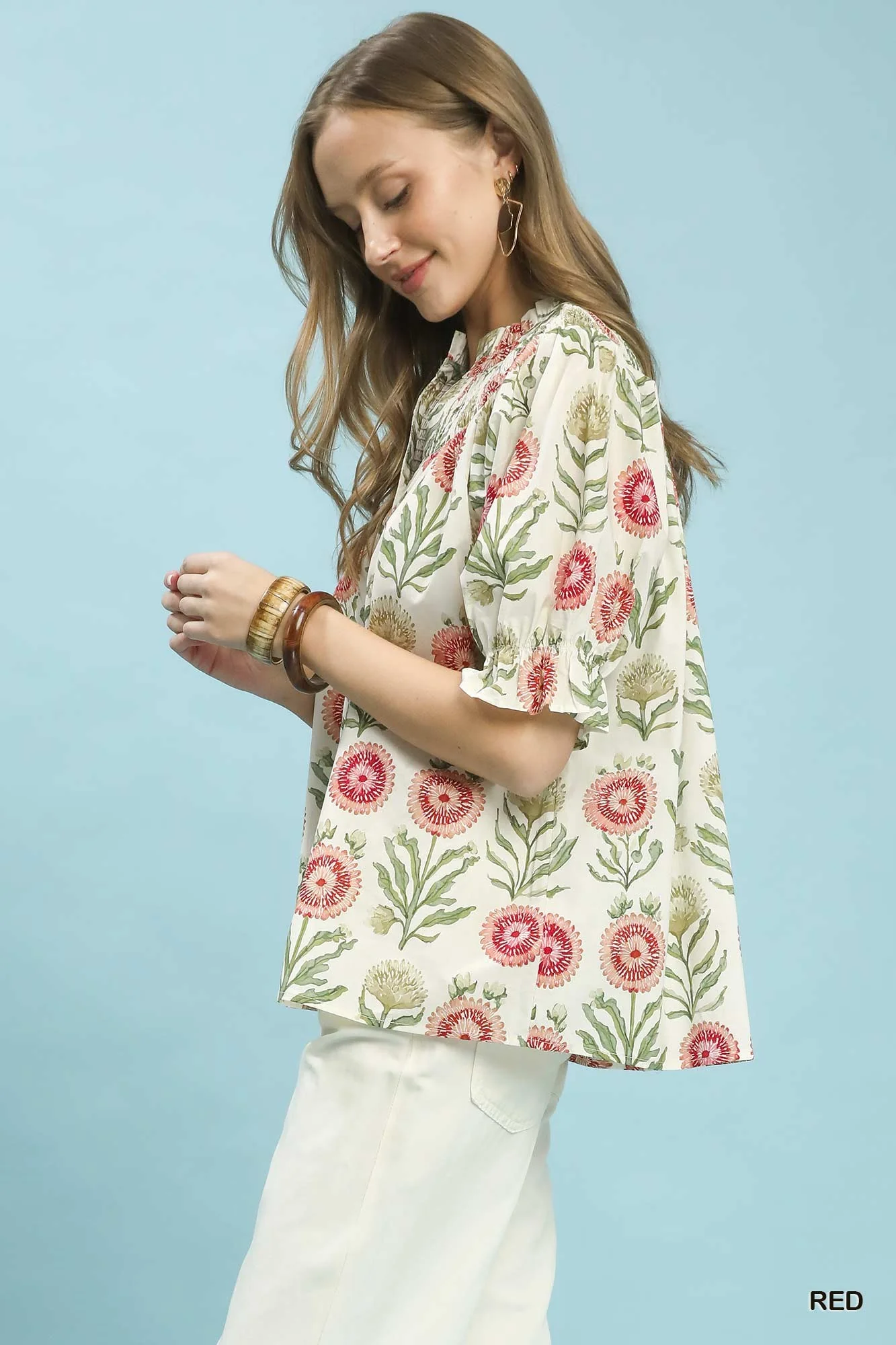 Umgee Floral Button-Front Short Sleeve Top - Image 2