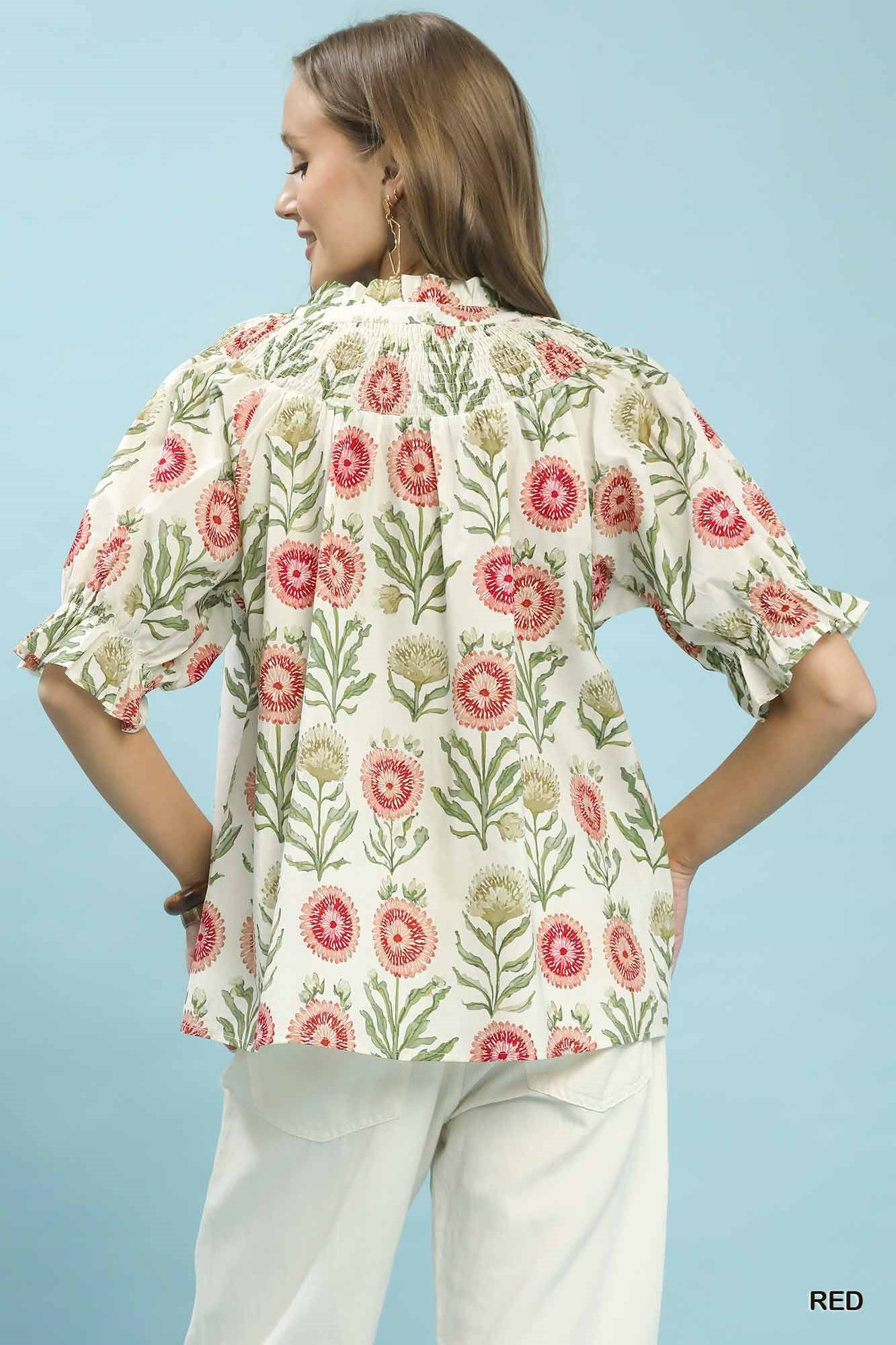 Umgee Floral Button-Front Short Sleeve Top - Image 3