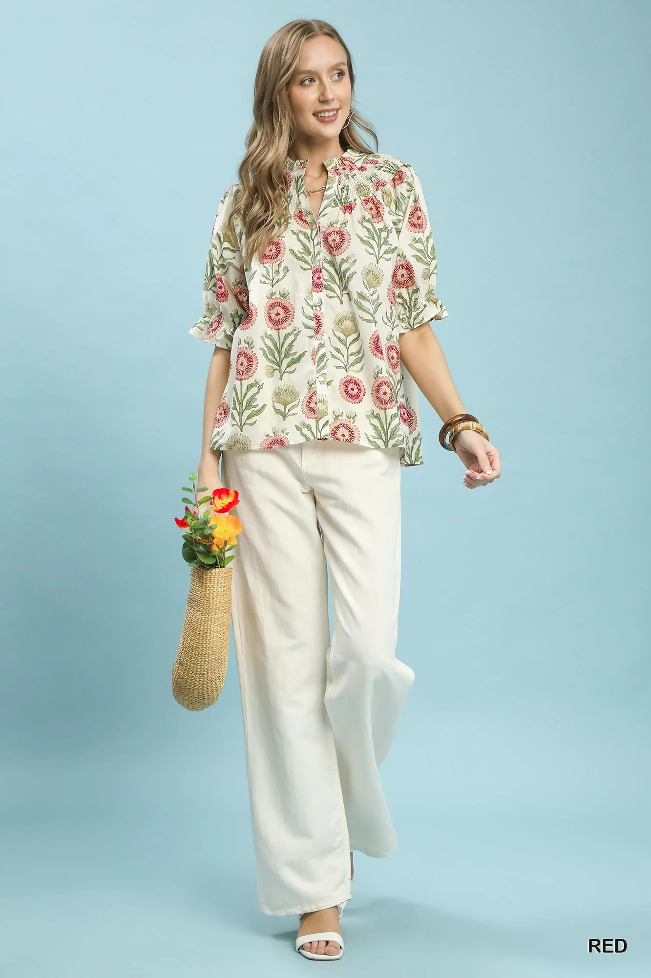 Umgee Floral Button-Front Short Sleeve Top - Image 4