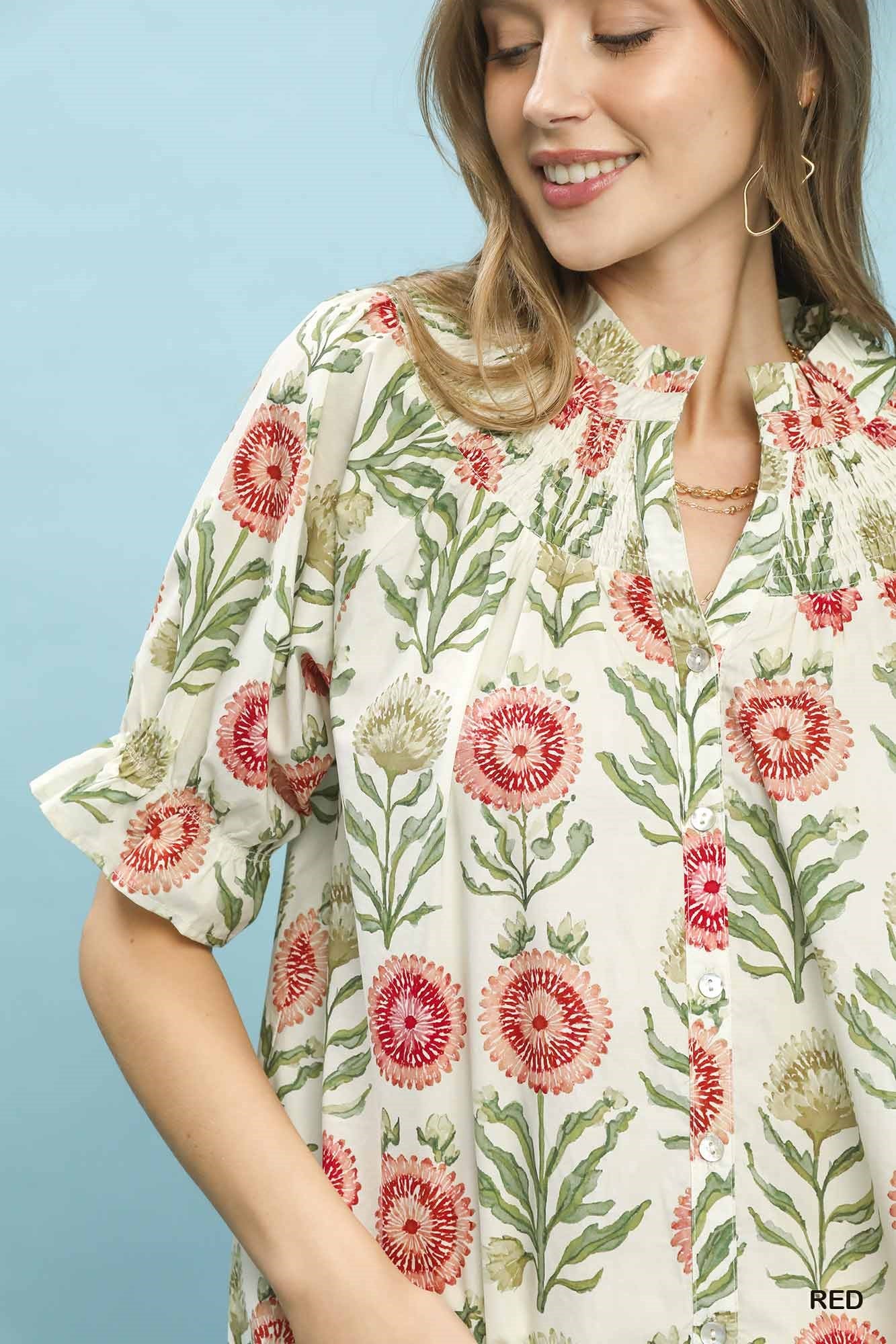 Umgee Floral Button-Front Short Sleeve Top - Image 5