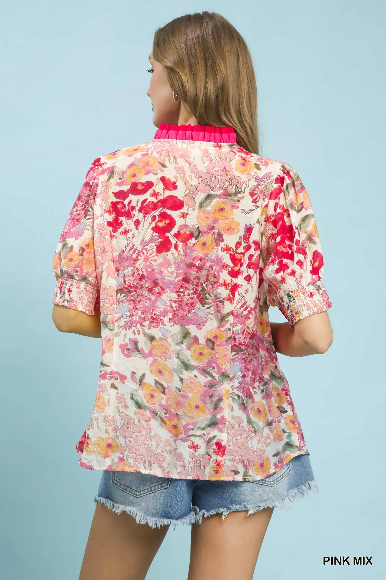 Umgee Floral Contrast Pleat Neck Top - Image 3