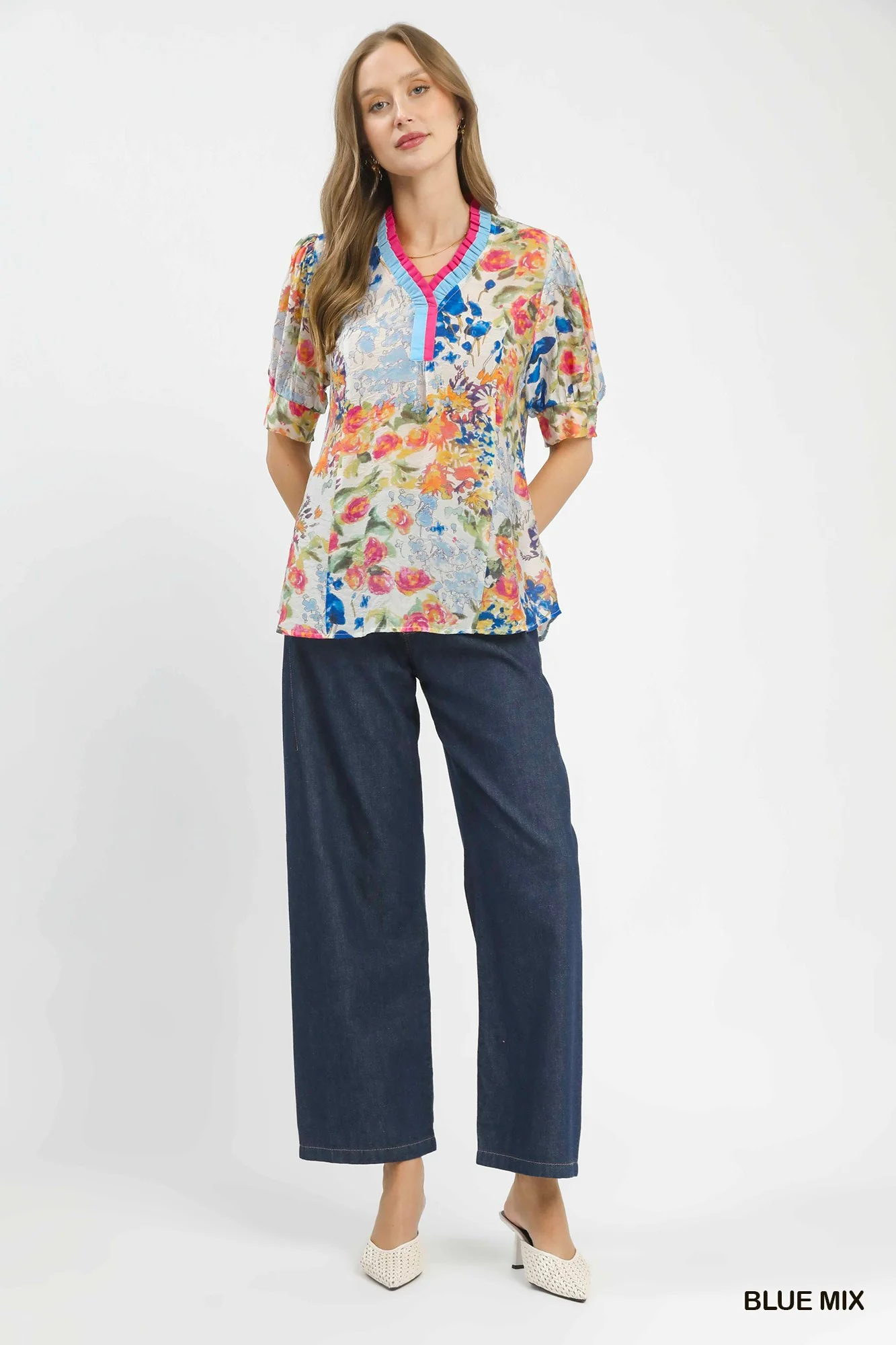 Umgee Floral Contrast Pleat Neck Top - Image 4