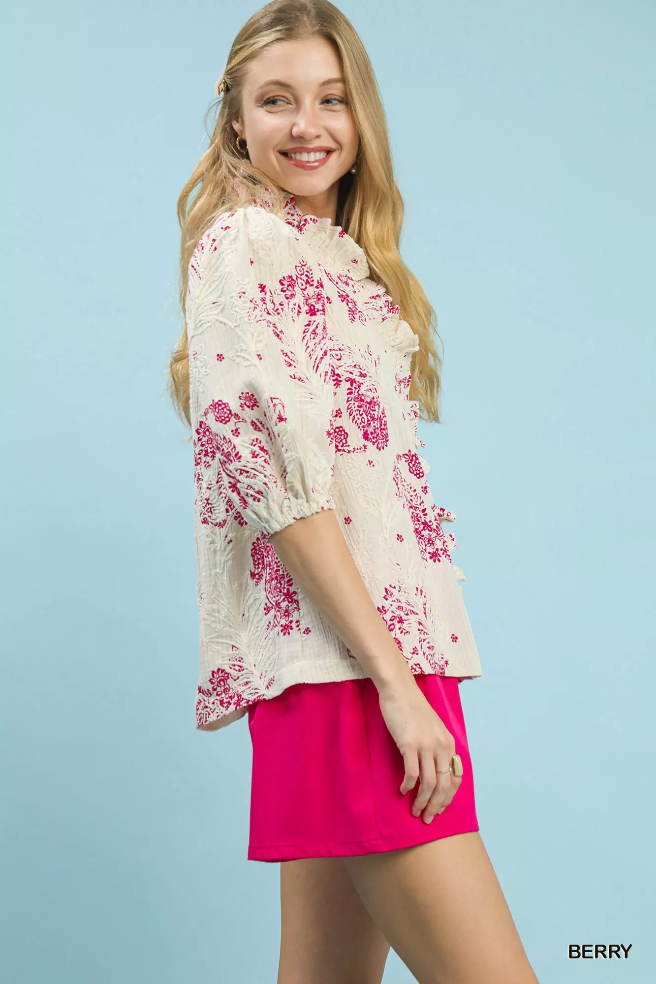 Umgee Floral Embroidered Blouse with Ruffle Trim - Image 3