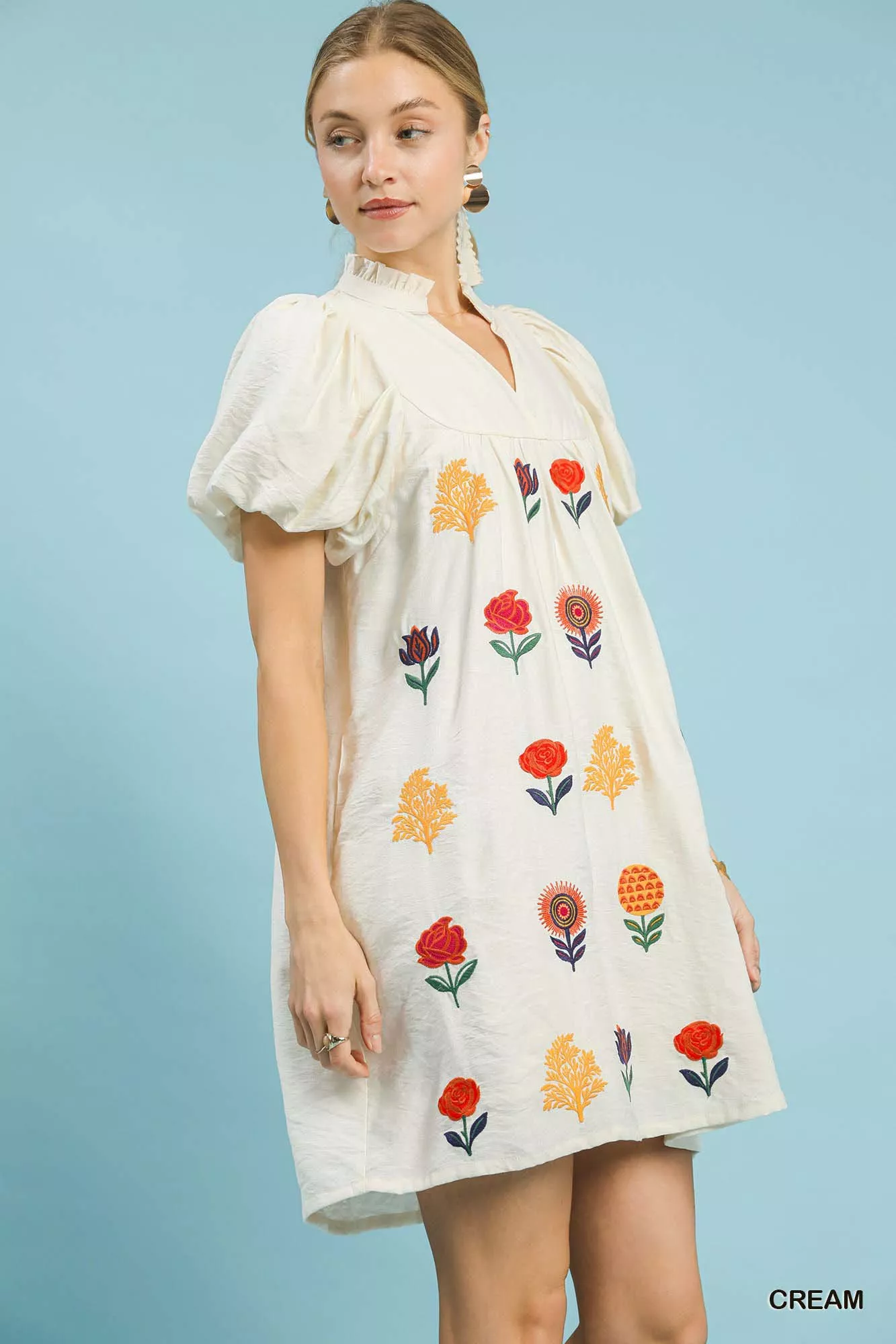 Umgee Floral Embroidered Puff Sleeve Mini Dress - Image 2