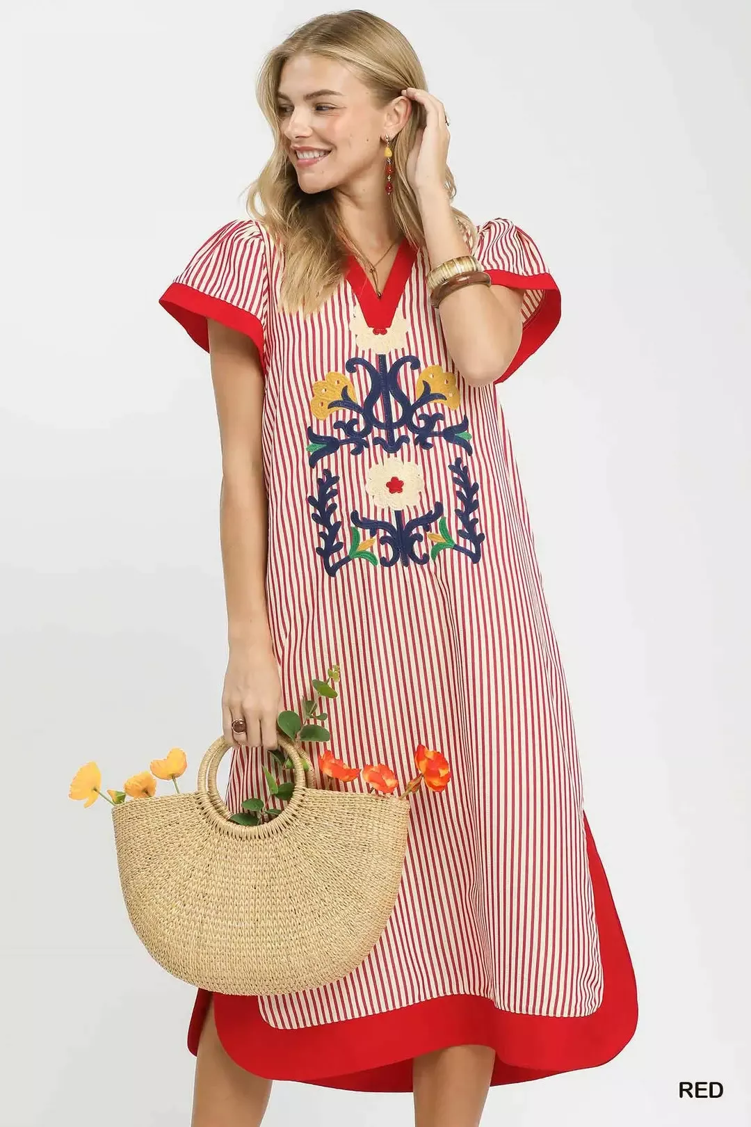 Umgee Floral Embroidered Stripe Dress with Side Slits - Image 2