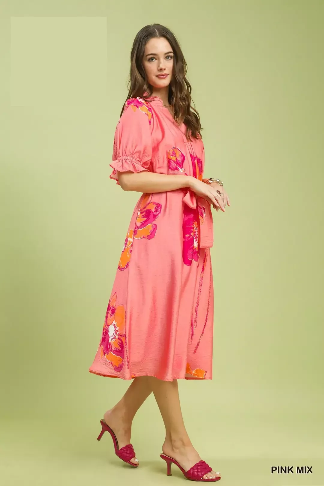 Umgee Floral Flounce Sleeve Midi Dress with Belted - Image 3