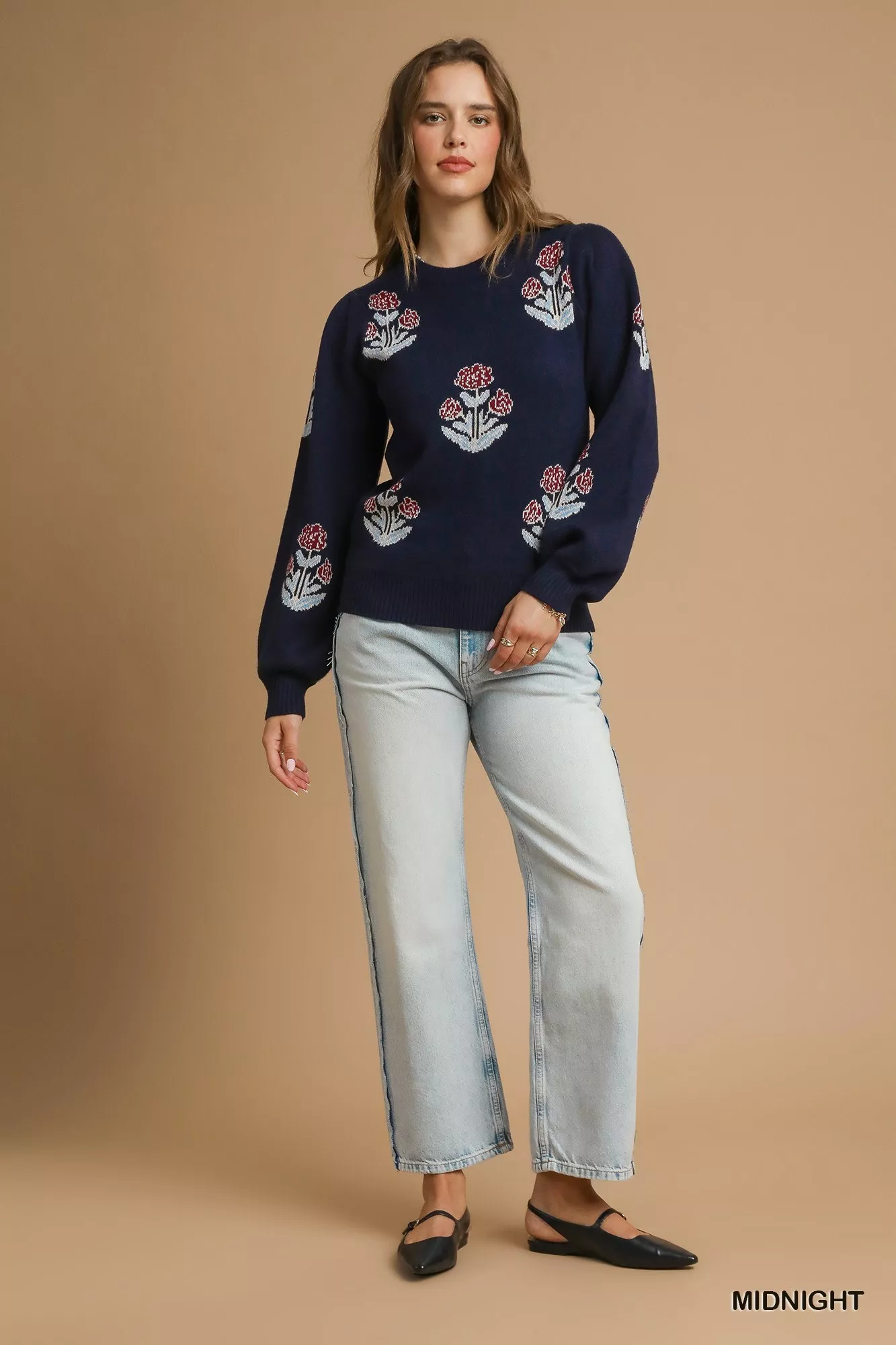 Umgee Floral Knit Sweater with Puff Sleeves - Image 4
