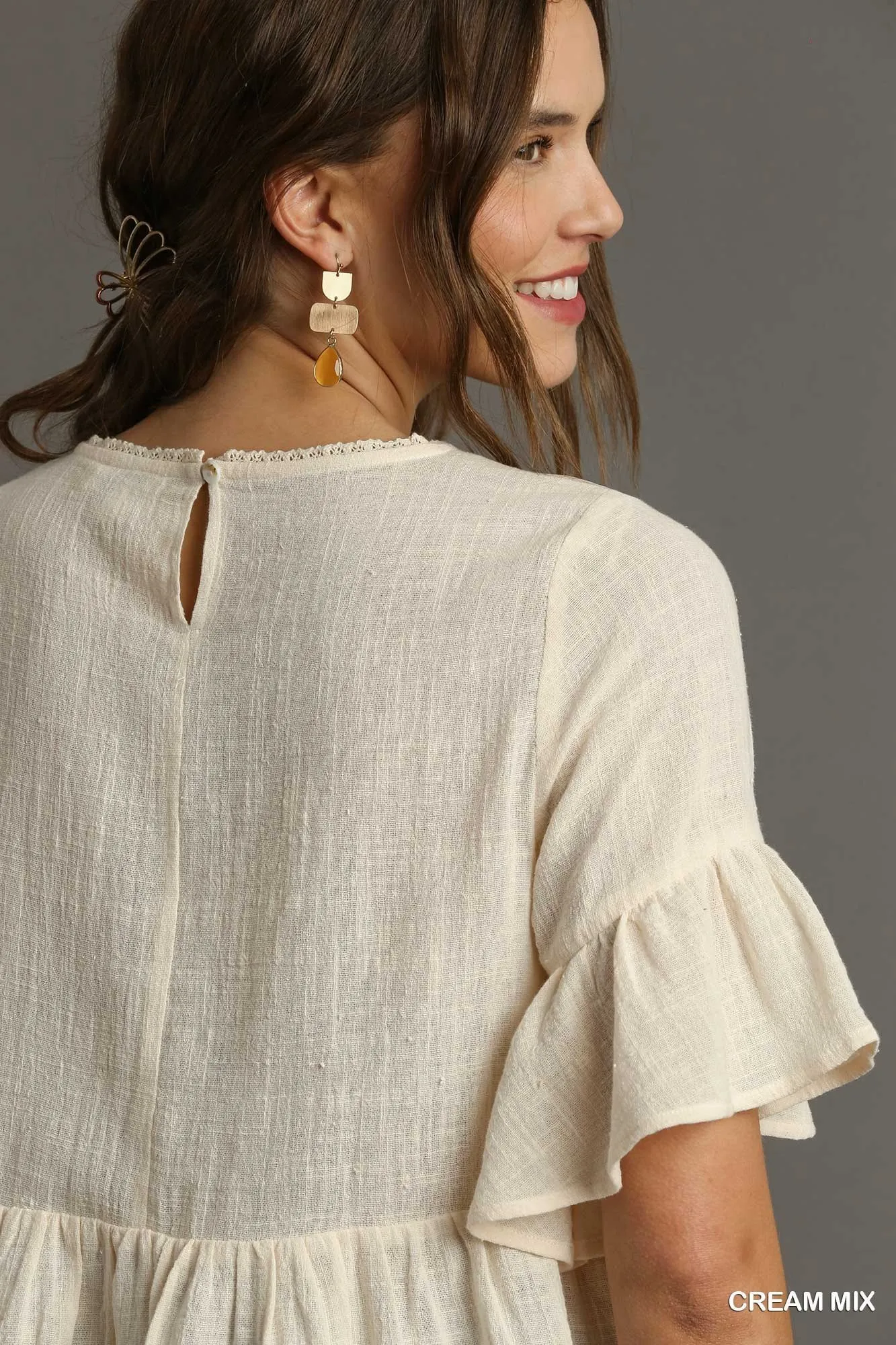 Umgee Floral Lace Trimmed Detail Half Sleeve Babydoll Top - Image 3