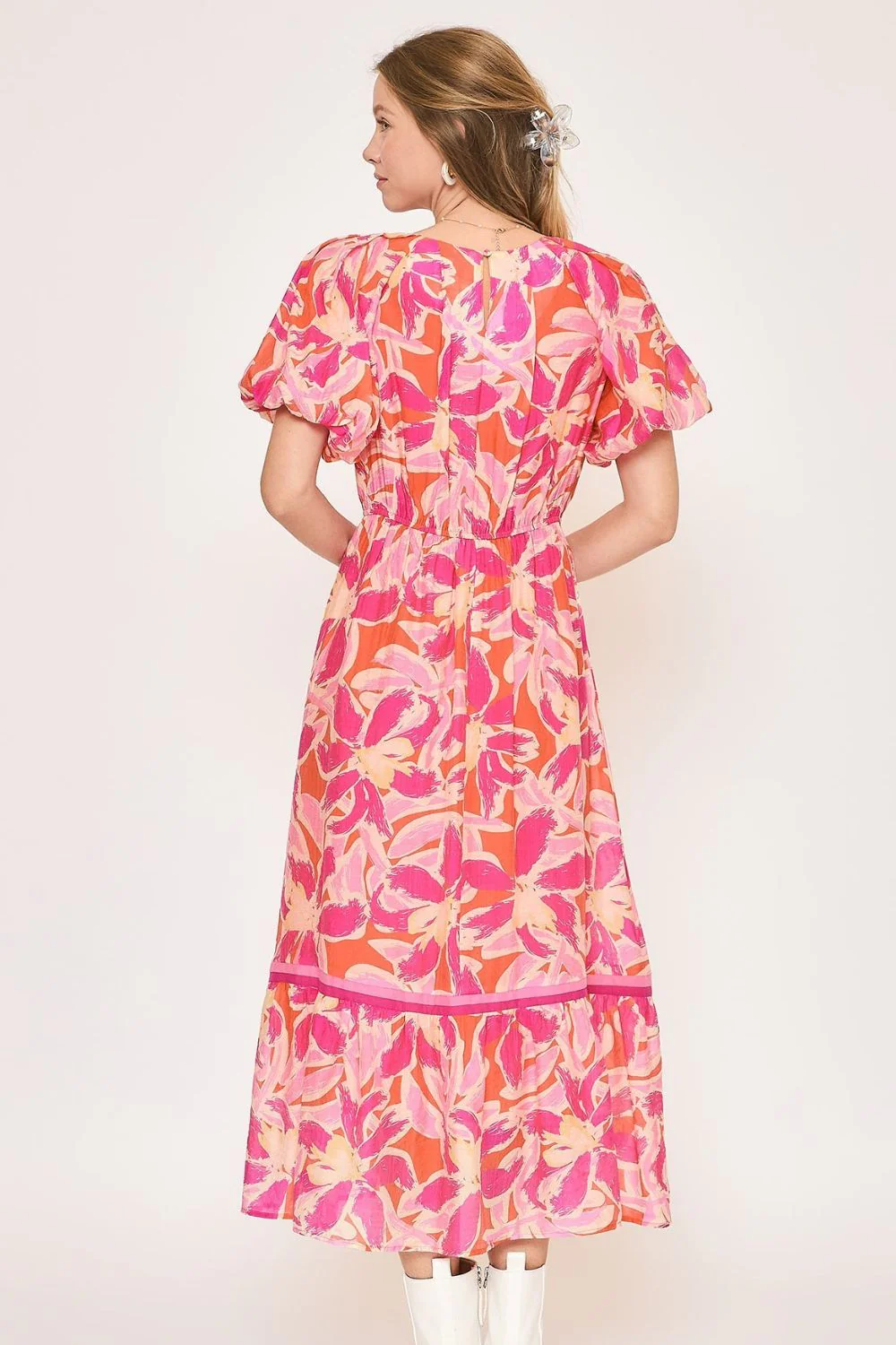 Umgee Floral Notched Puff Sleeve Midi Dress - Image 3