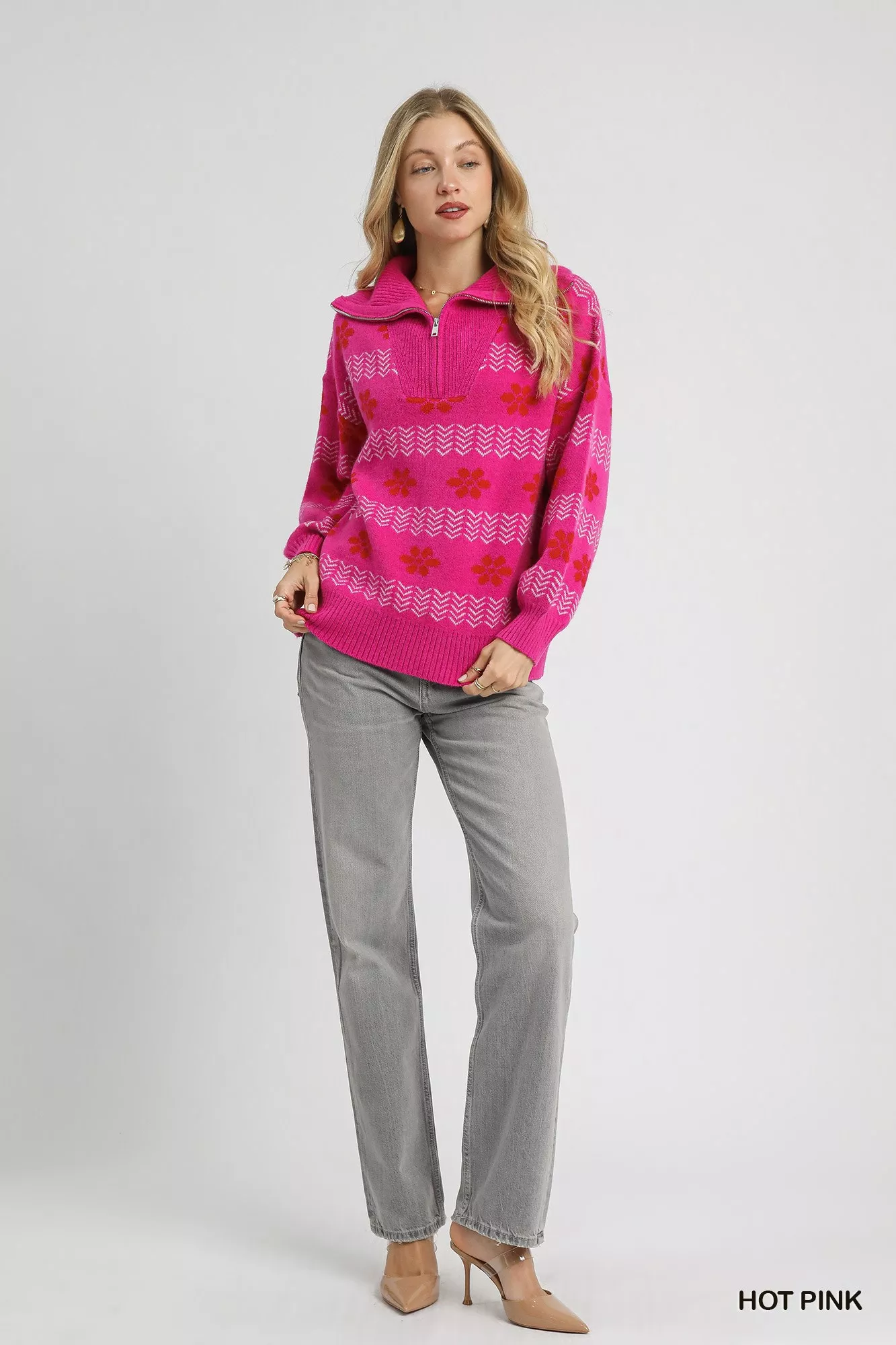 Umgee Floral Patterned Jacquard Quarter-Zip Pullover Sweater - Image 5
