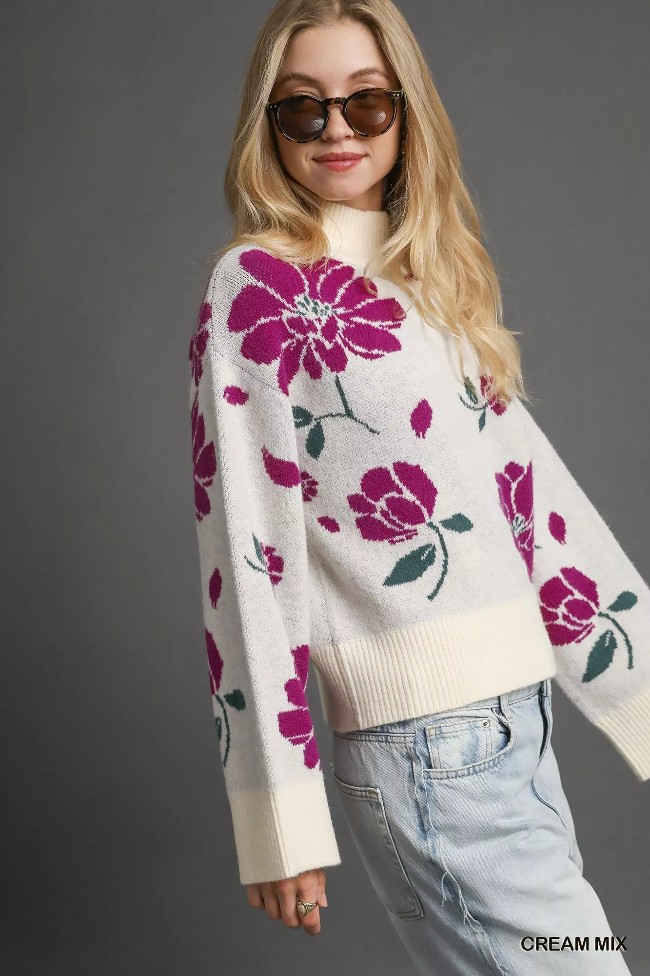 Umgee Floral Patterned Mock Neck Sweater - Image 2