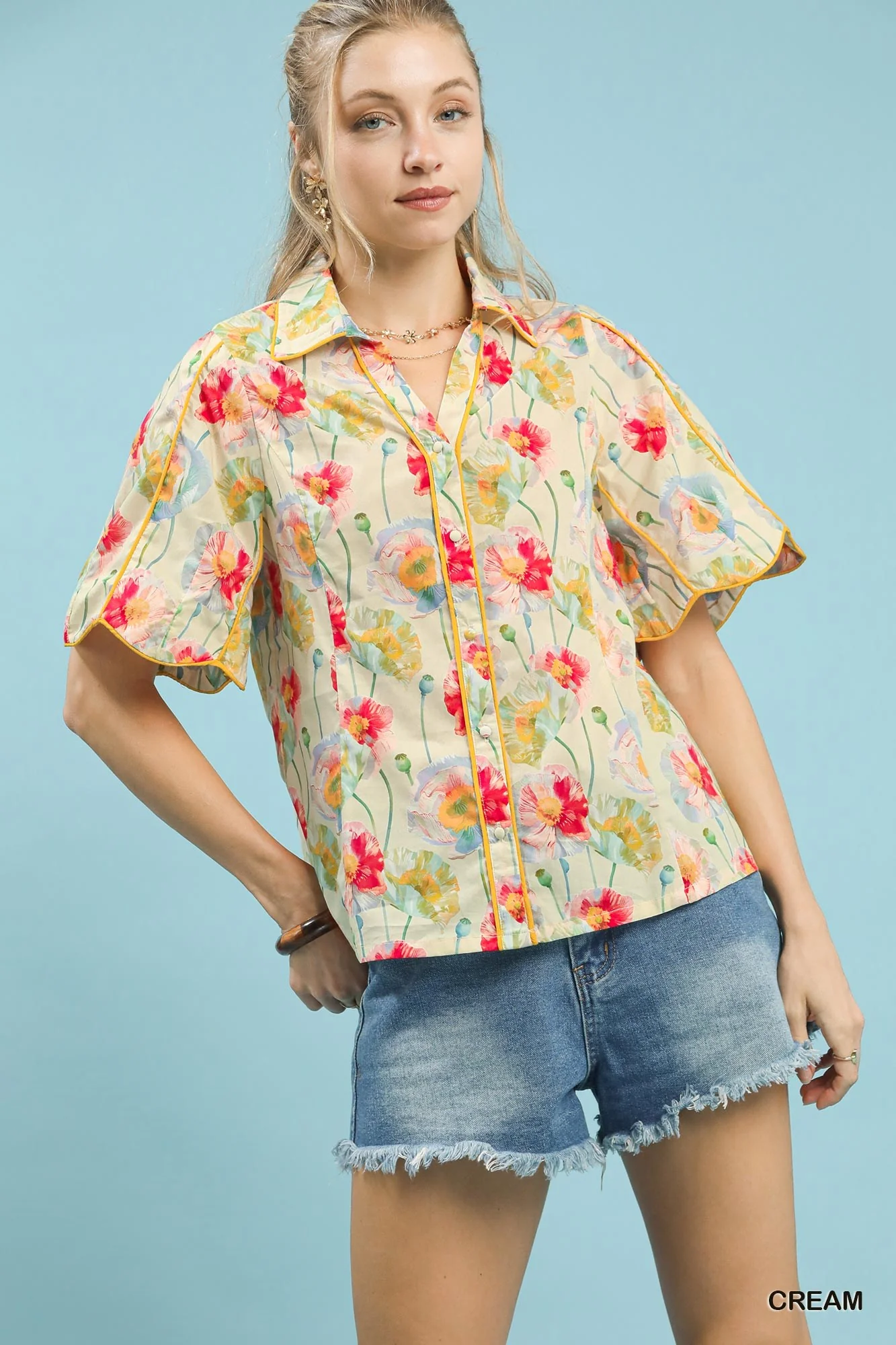 Umgee Floral Print Button-Down Blouse with Flutter Sleeves
