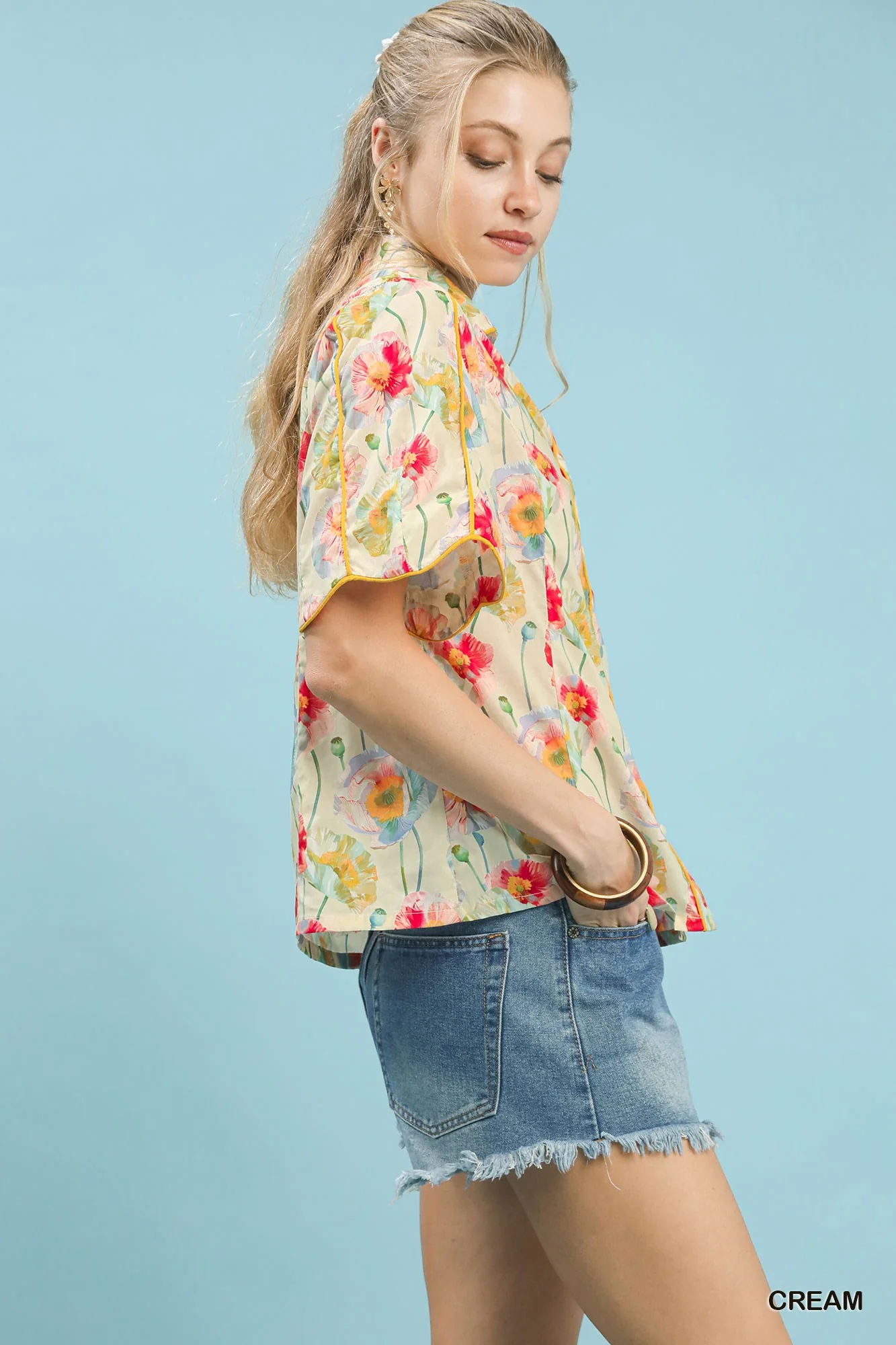 Umgee Floral Print Button-Down Blouse with Flutter Sleeves - Image 2