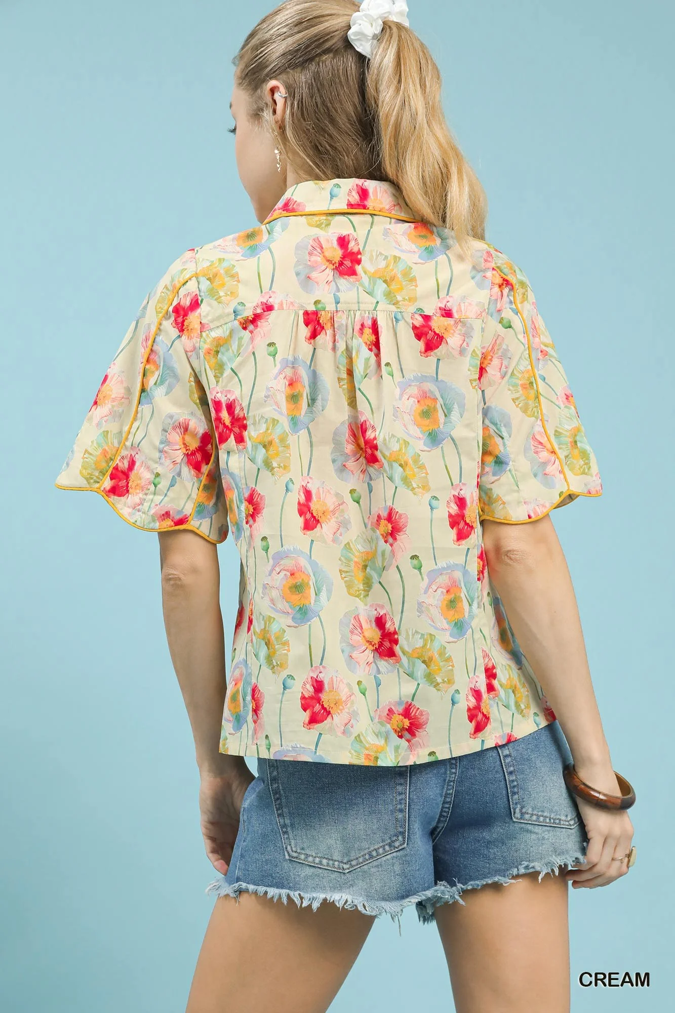 Umgee Floral Print Button-Down Blouse with Flutter Sleeves - Image 3