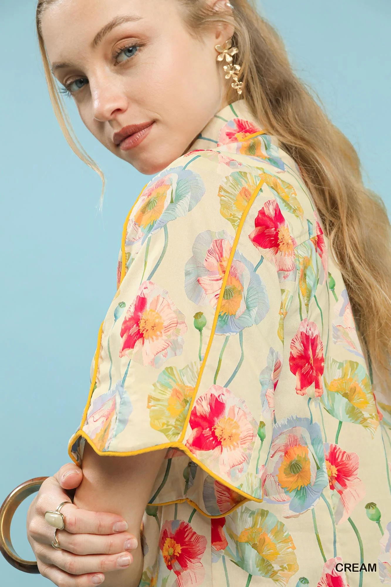 Umgee Floral Print Button-Down Blouse with Flutter Sleeves - Image 4